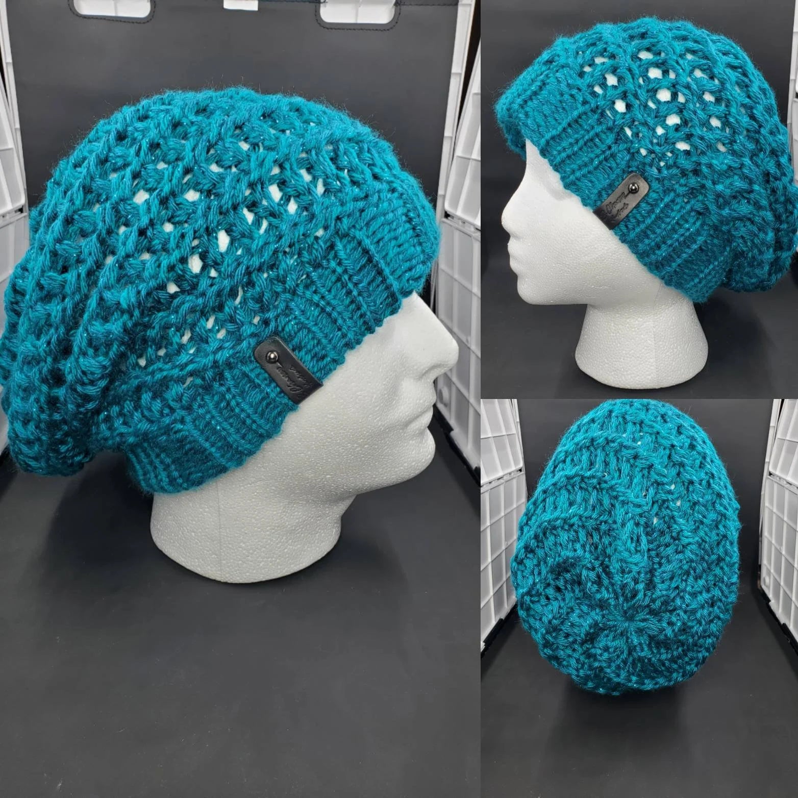 Pagoda & Teal Sparkle - Spiral Slouchy - Adult / Teen Knitted Hat