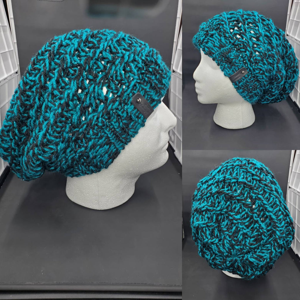 Black & Teal Sparkle - Spiral Slouchy - Adult / Teen Knitted Hat
