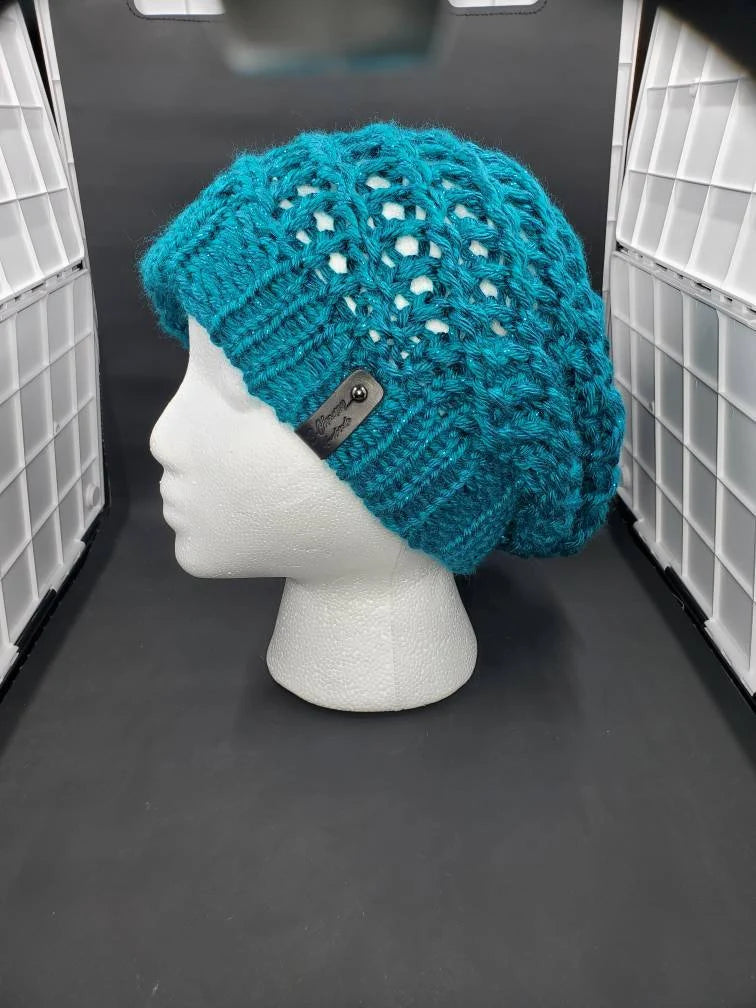 Pagoda & Teal Sparkle - Spiral Slouchy - Adult / Teen Knitted Hat