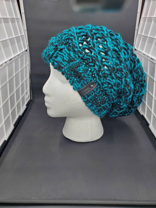 Black & Teal Sparkle - Spiral Slouchy - Adult / Teen Knitted Hat
