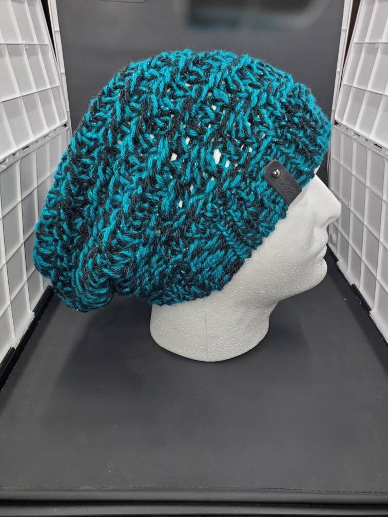Black & Teal Sparkle - Spiral Slouchy - Adult / Teen Knitted Hat
