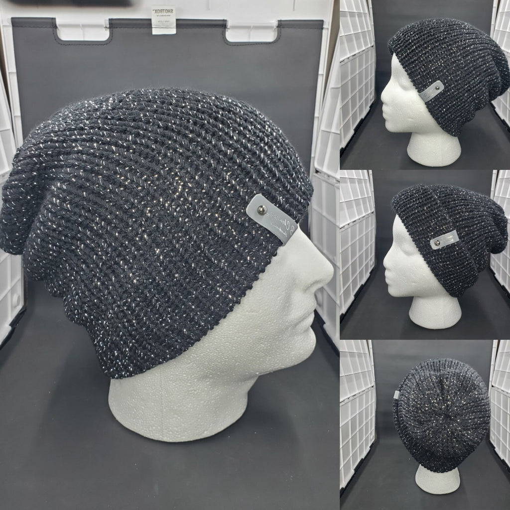 Black with Silver Sparkle - Slouchy Double Wall Beanie - Adult / Teen Knitted Hat