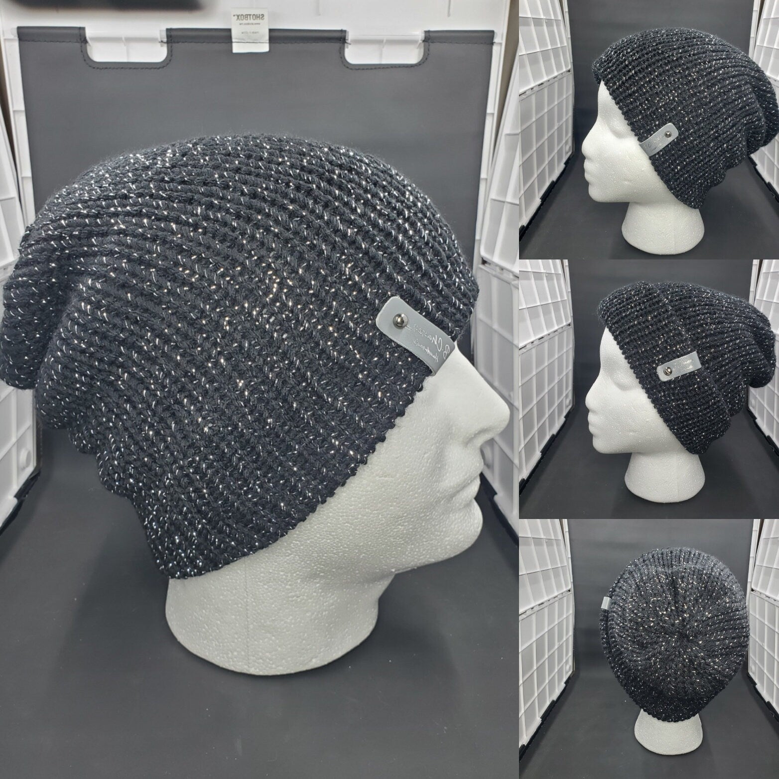 Black with Silver Sparkle - Slouchy Double Wall Beanie - Adult / Teen Knitted Hat