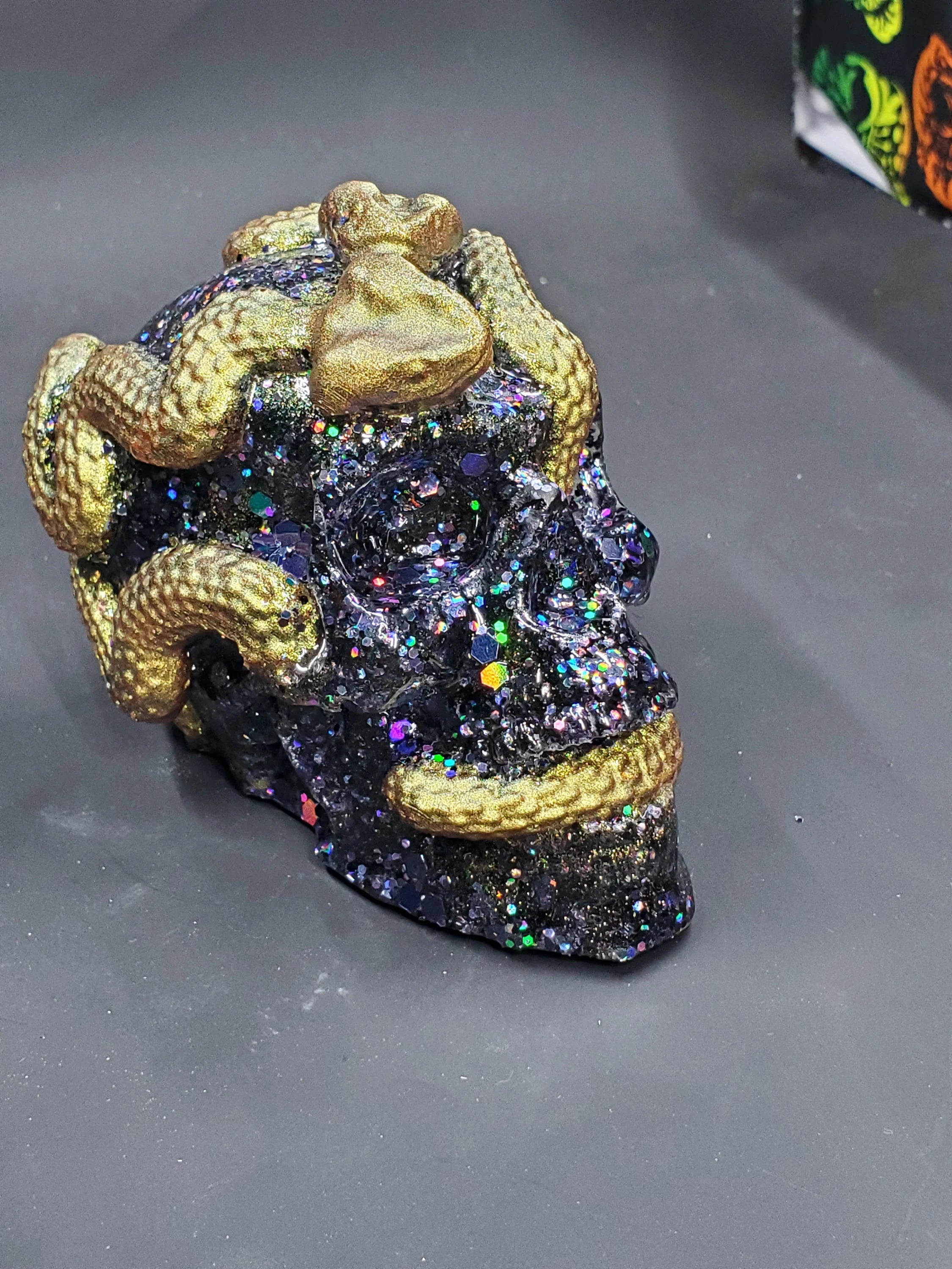 Gold on Rainbow Black - Snake Resin Skull