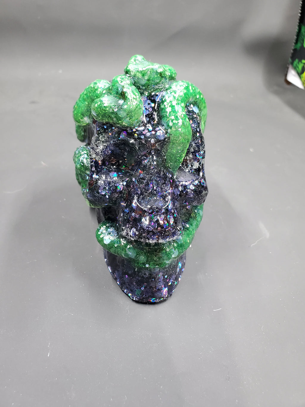 Green Glow in the Dark on Rainbow Black - Snake Resin Skull