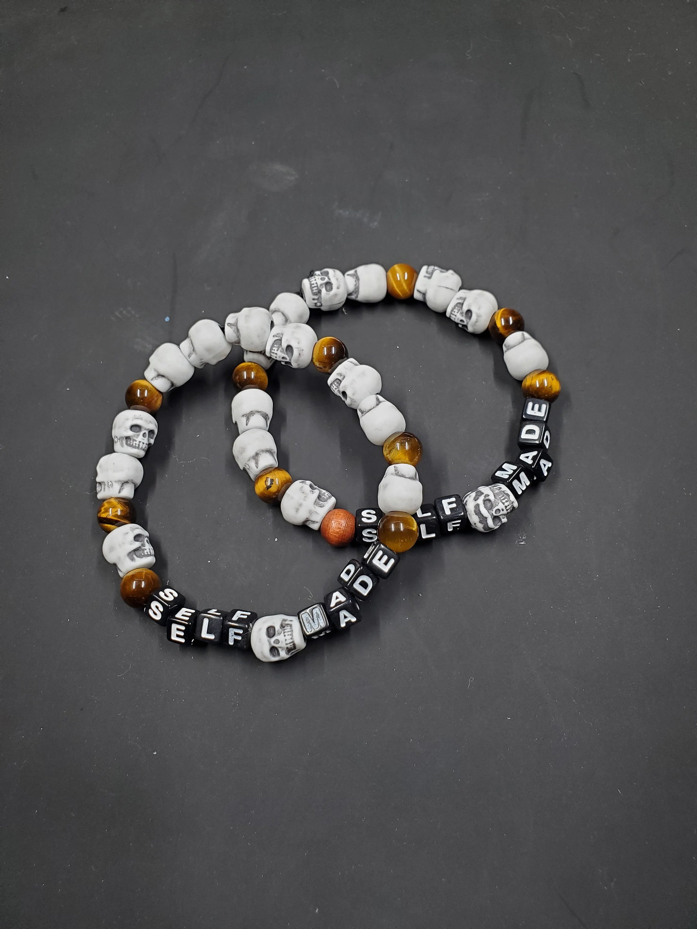 Self Made - Tigers Eye & White Skull - Beaded Bracelet