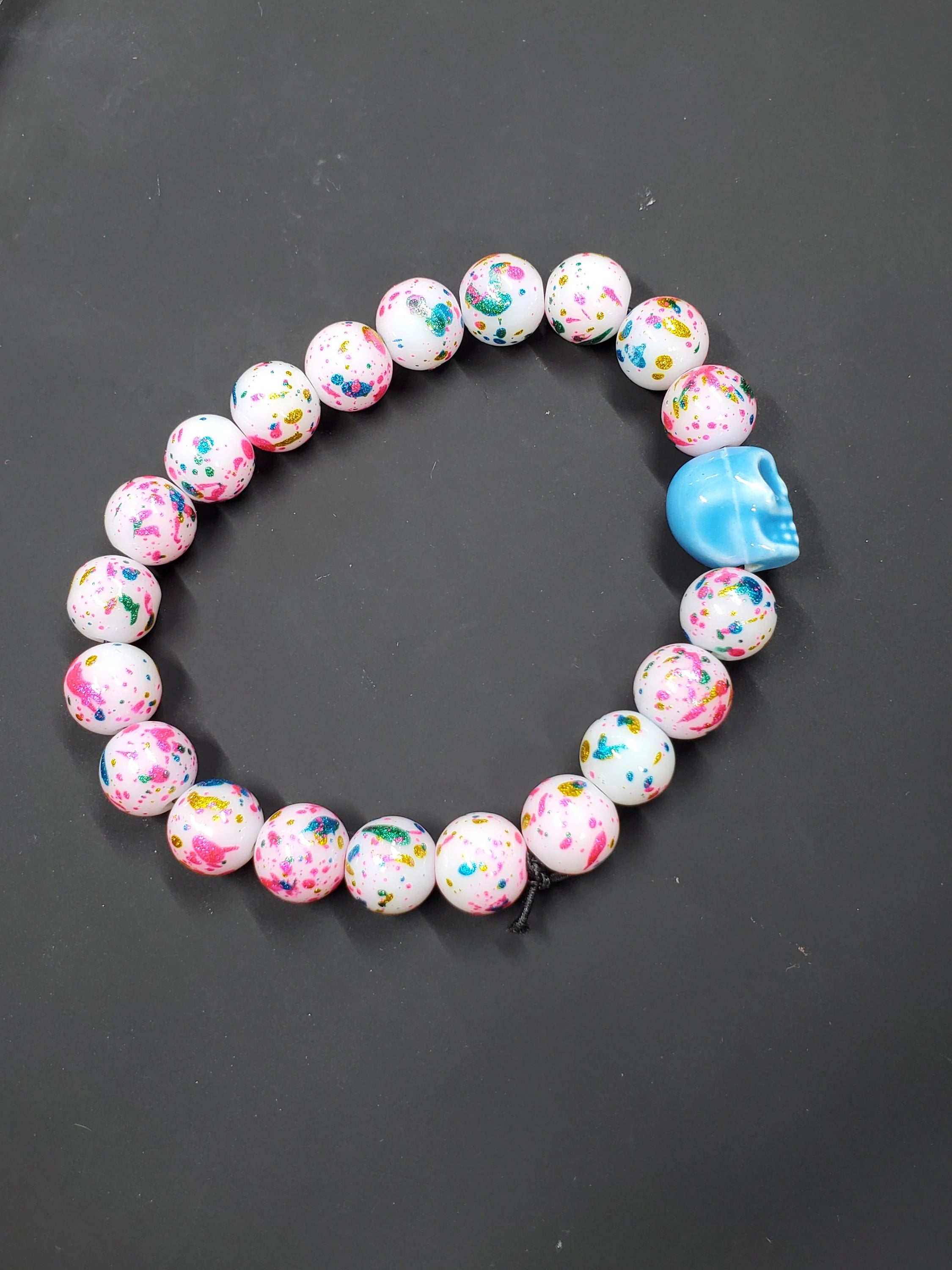 Cotton Candy Splatter Blue Skull - Beaded Bracelet