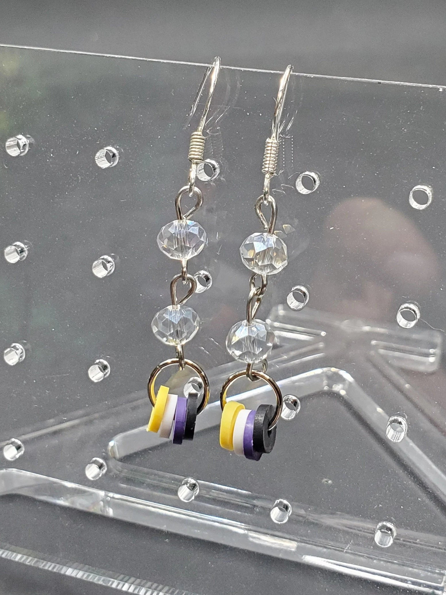 Non Binary Pride Crystal Stacked - Earrings - (.925 Sterling Silver Hooks)