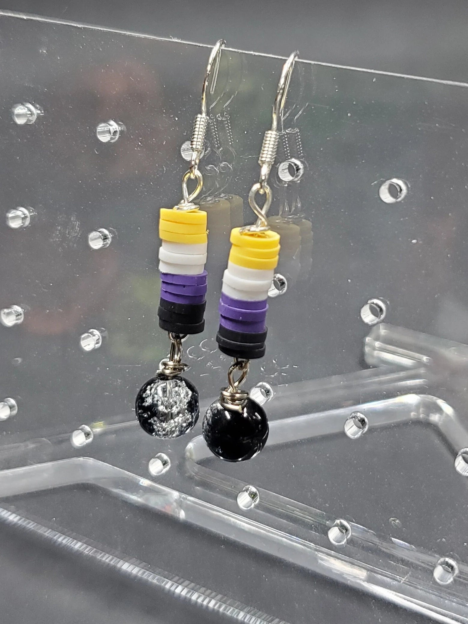 Non Binary Pride Stacked Cracked Glass - Earrings - (.925 Sterling Silver Hooks)