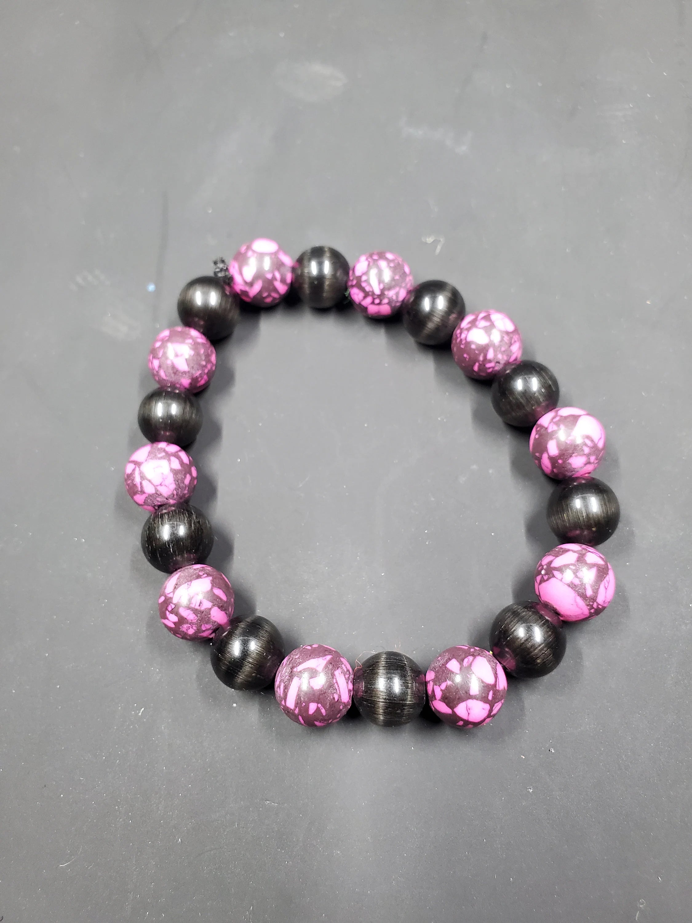 Pink Marble & Black Tigers Eye - Beaded Bracelet