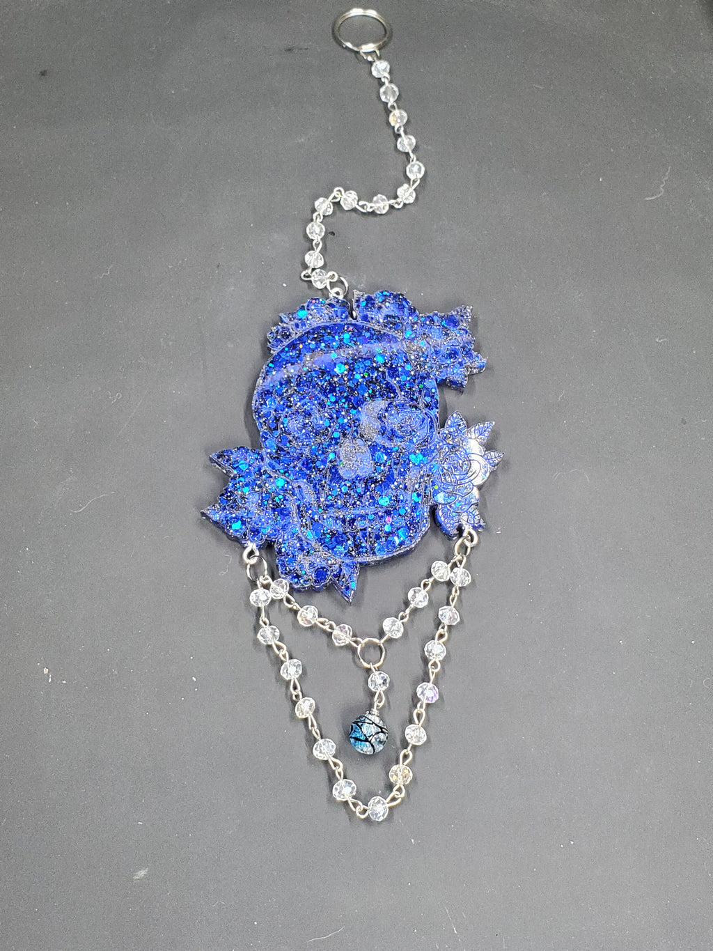 Blue Sparkle Rose Skull - Hanging Decor