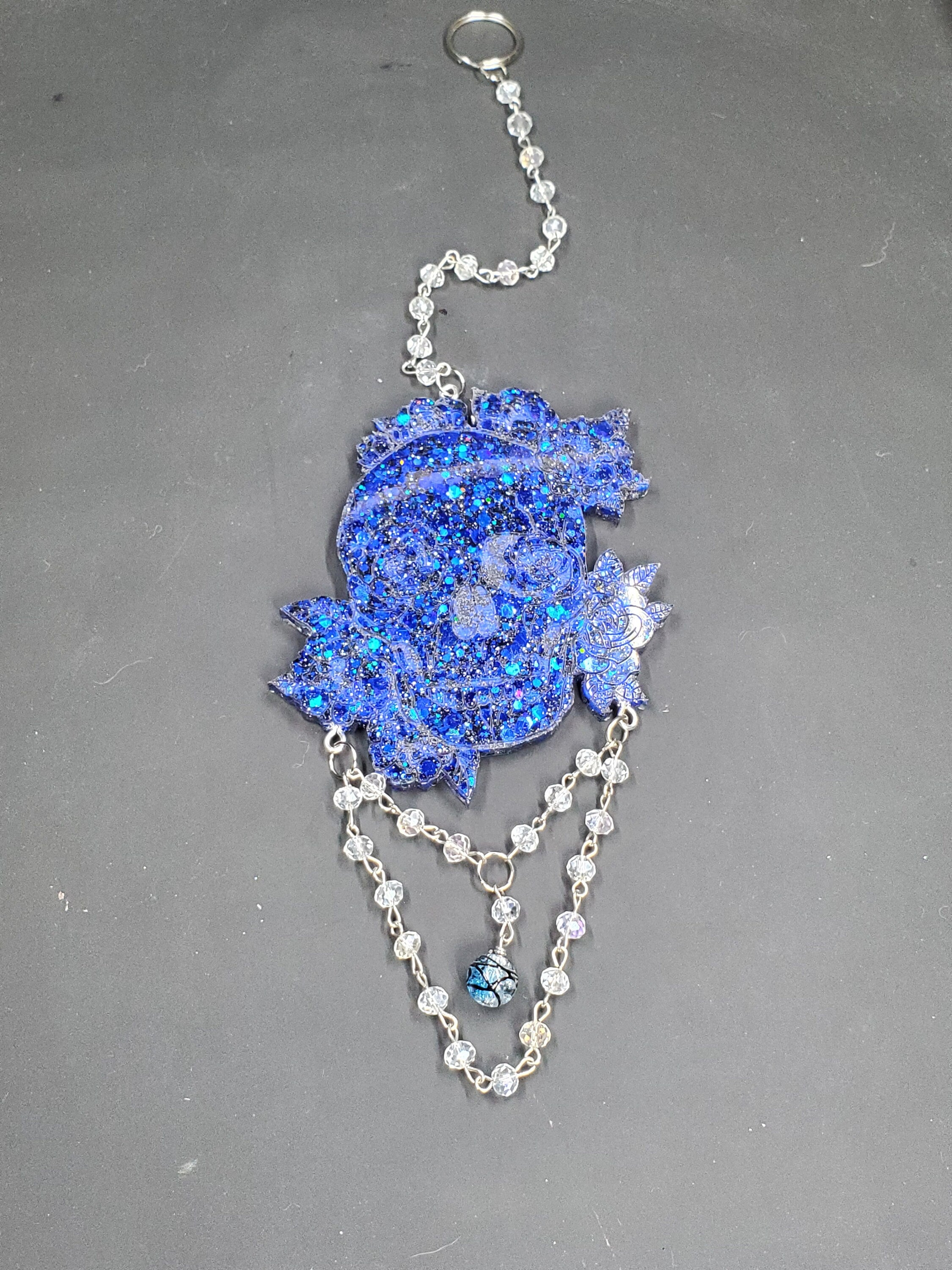 Blue Sparkle Rose Skull - Hanging Decor