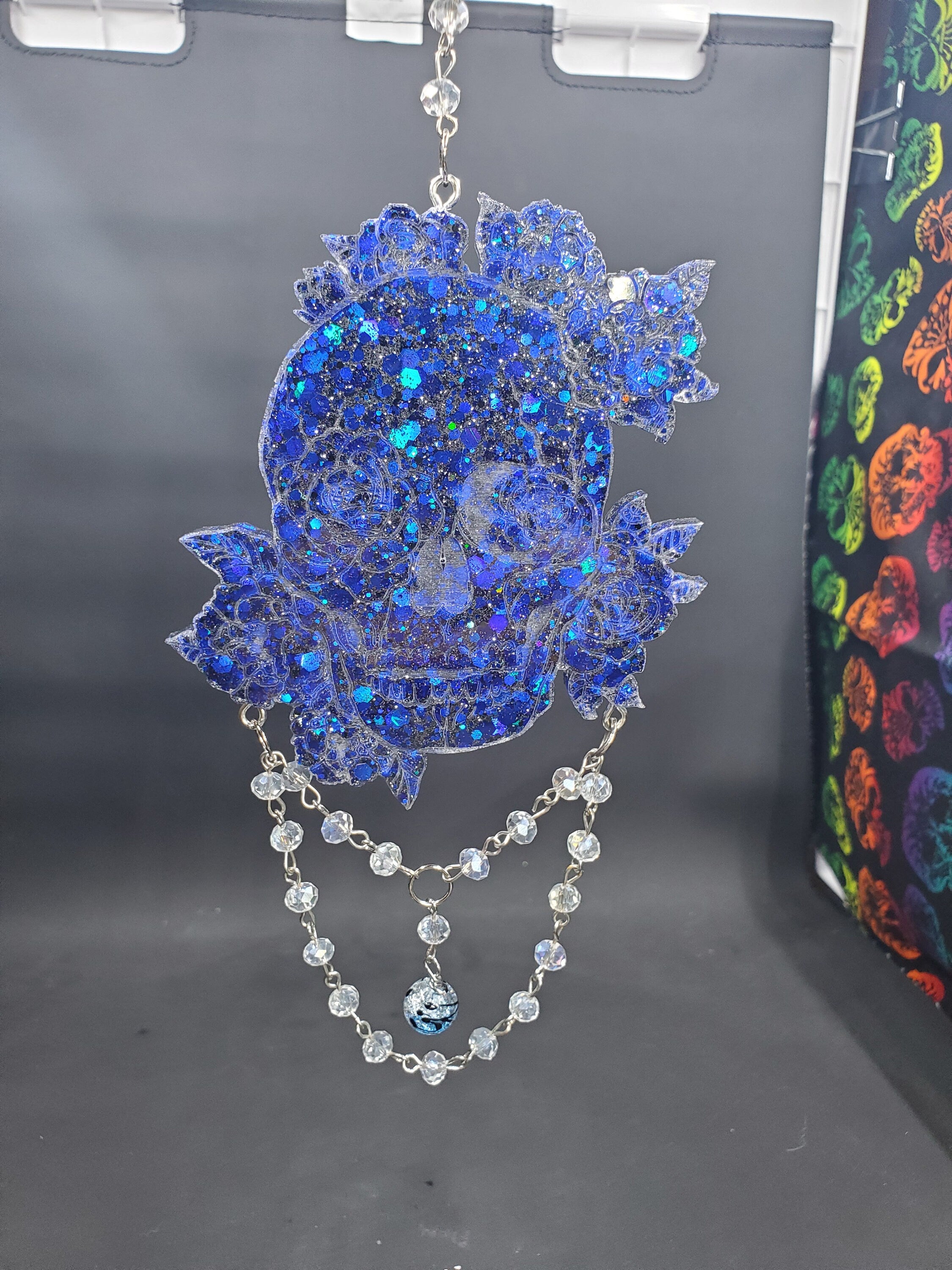 Blue Sparkle Rose Skull - Hanging Decor