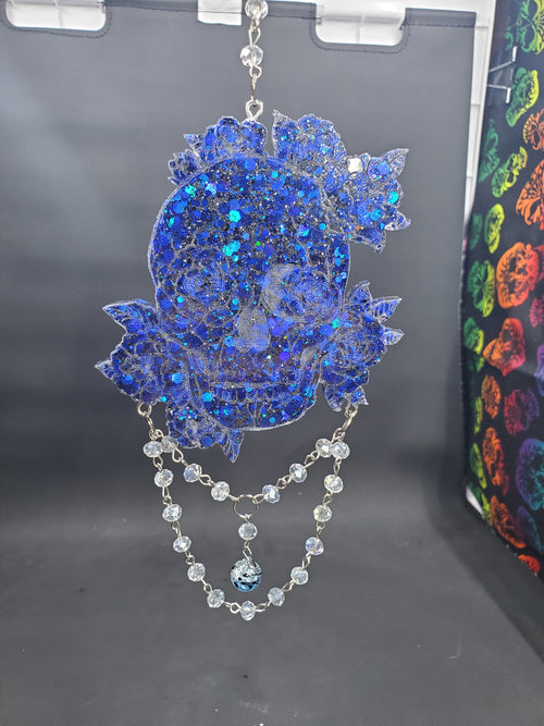 Blue Sparkle Rose Skull - Hanging Decor