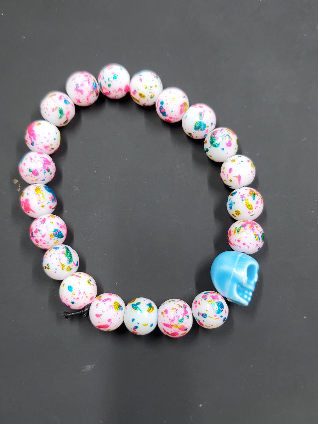 Cotton Candy Splatter Blue Skull - Beaded Bracelet