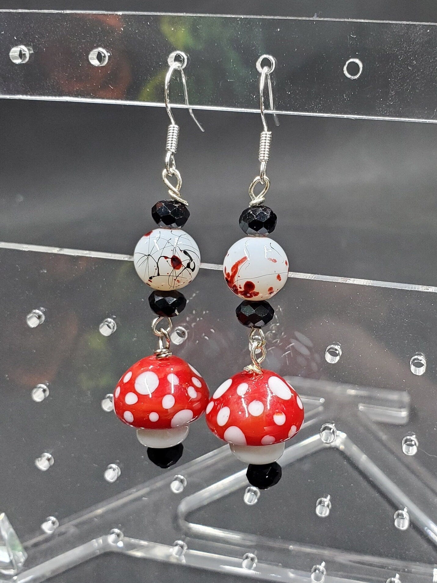 Bloody Mushroom - Glass Bead - Earrings - (.925 Sterling Silver Hooks)