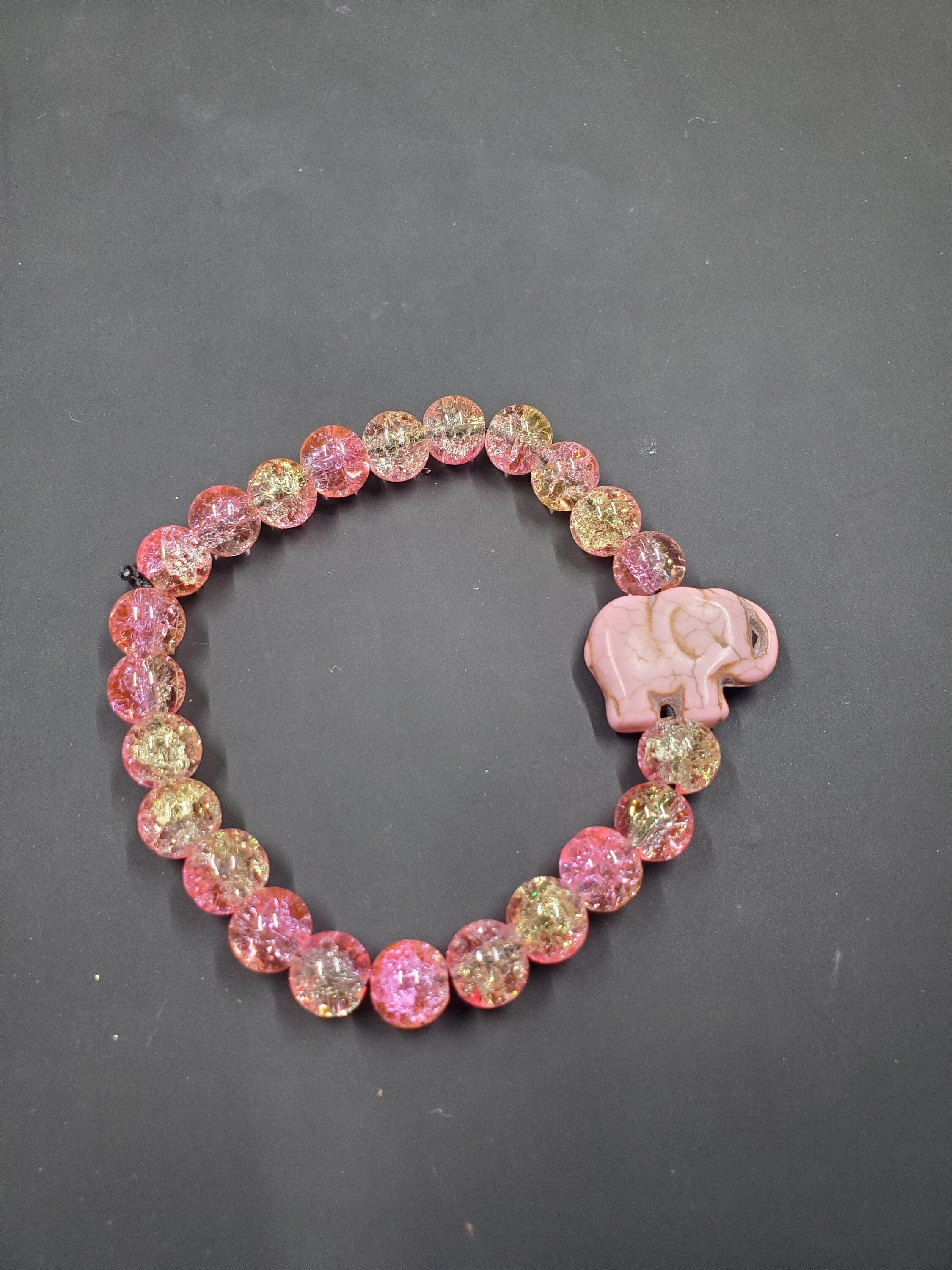 Pink Elephant with Crackle - Beaded Bracelet