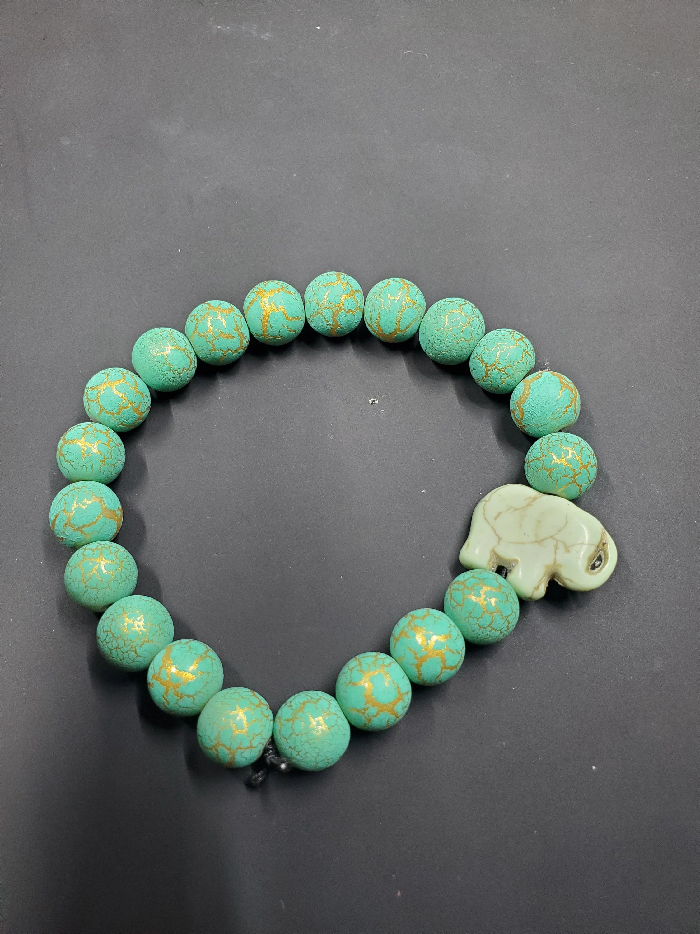 Mint Green Elephant & Gold Crackle - Beaded Bracelet