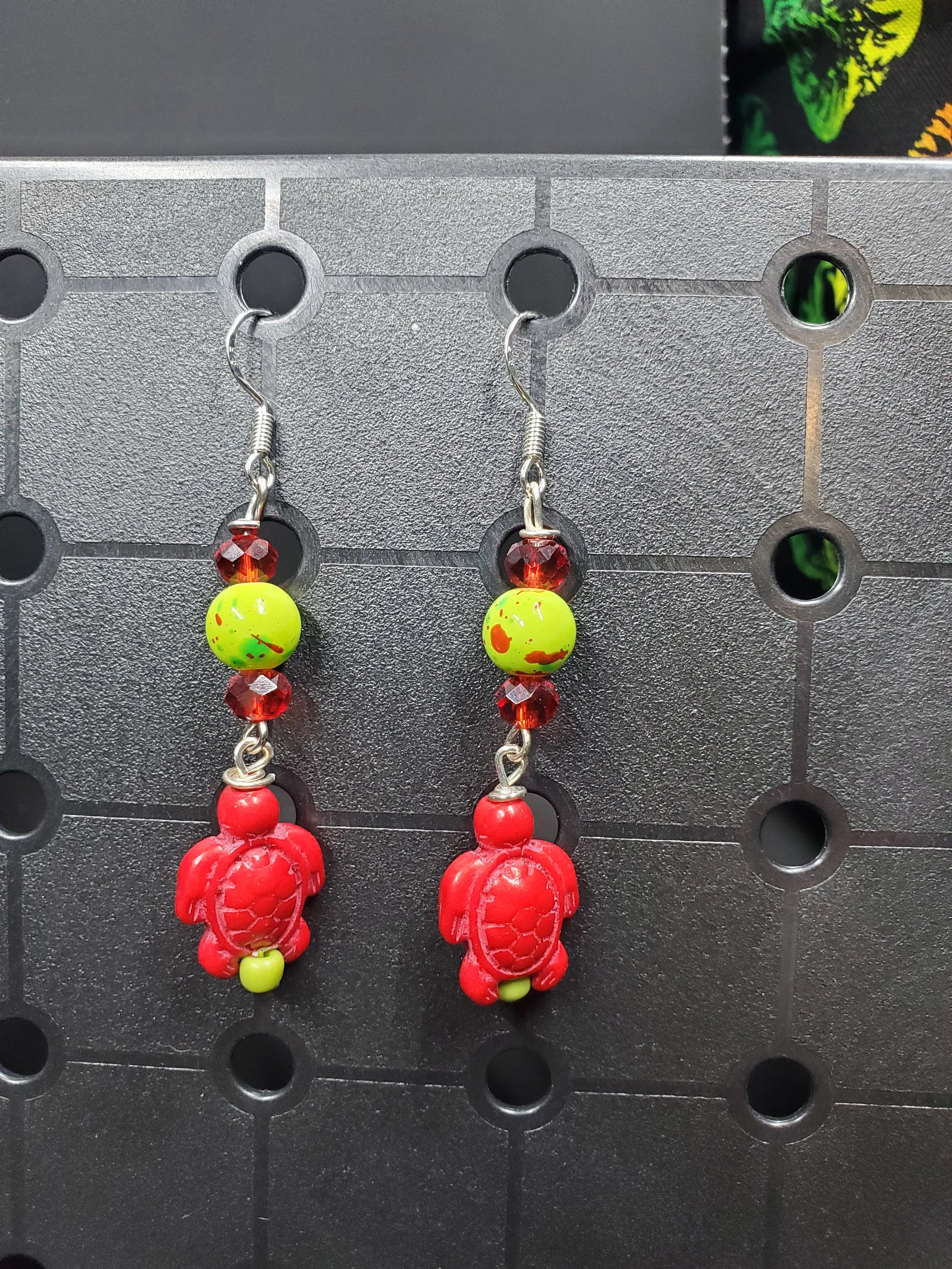 Red Turtle Watermelon Splatter - Earrings - (.925 Sterling Silver Hooks)