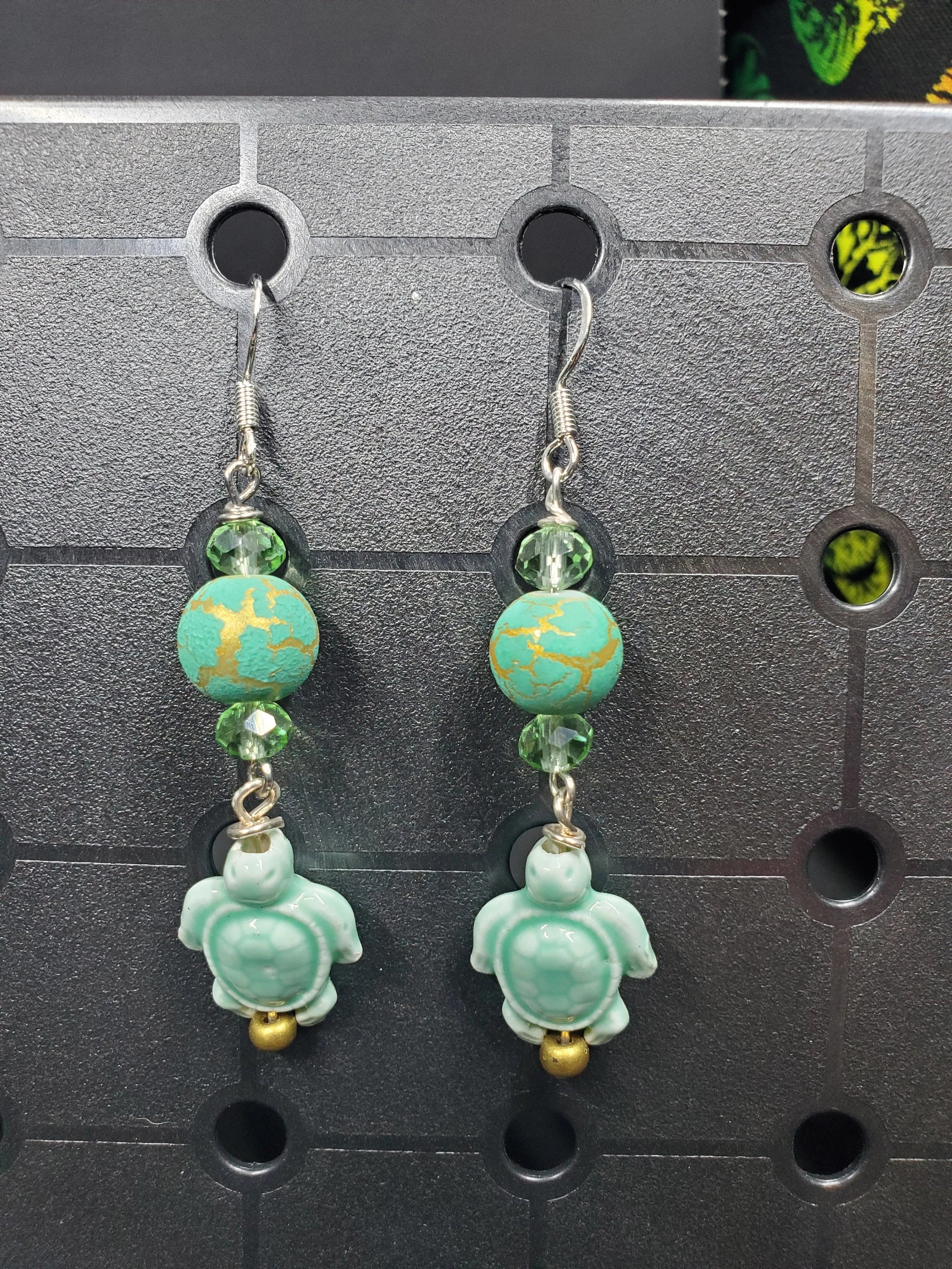 Mint Turtle Gold Crackle - Earrings - (.925 Sterling Silver Hooks)