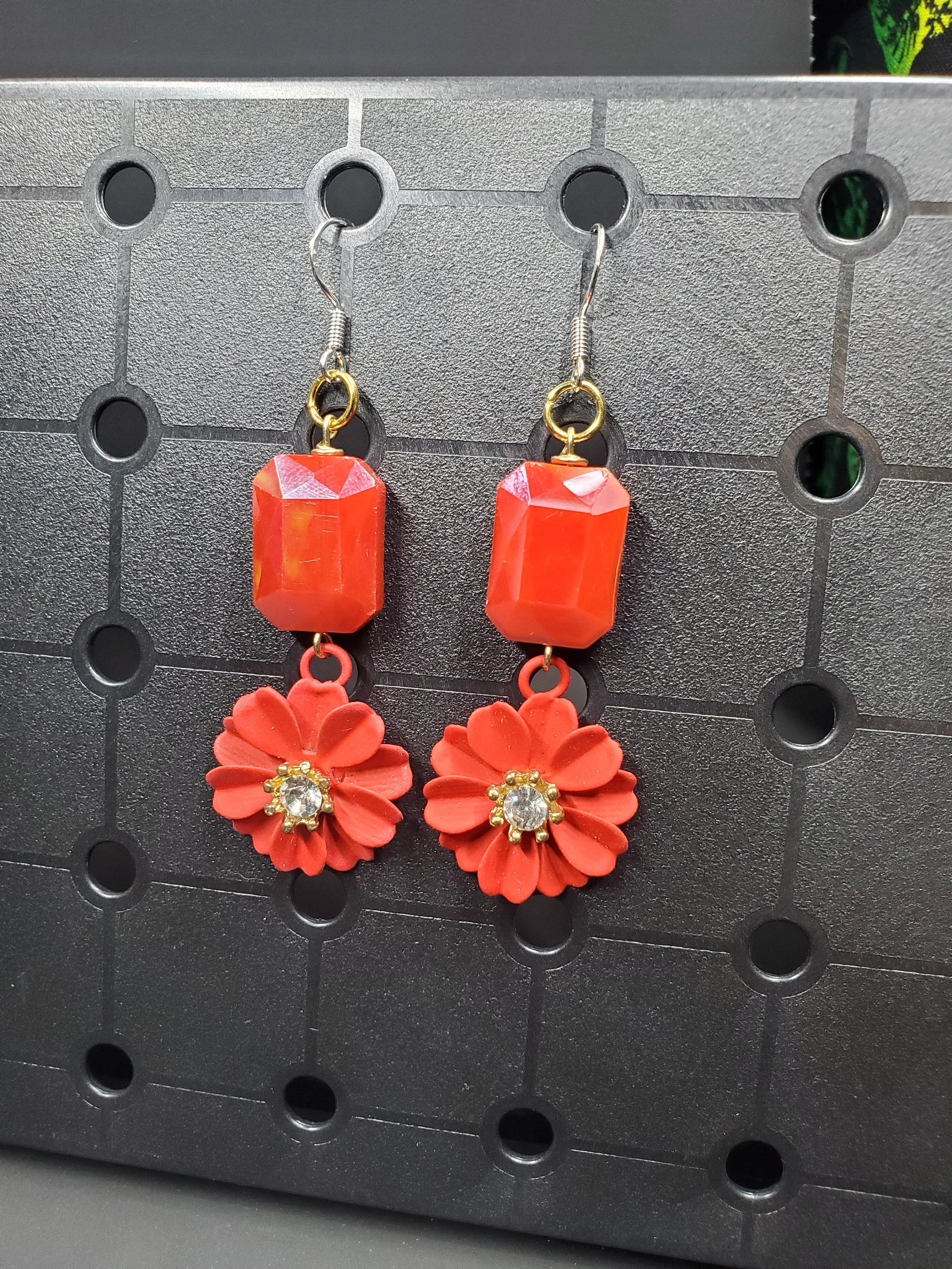 Red Flower Gem - Earrings - (.925 Sterling Silver Hooks)