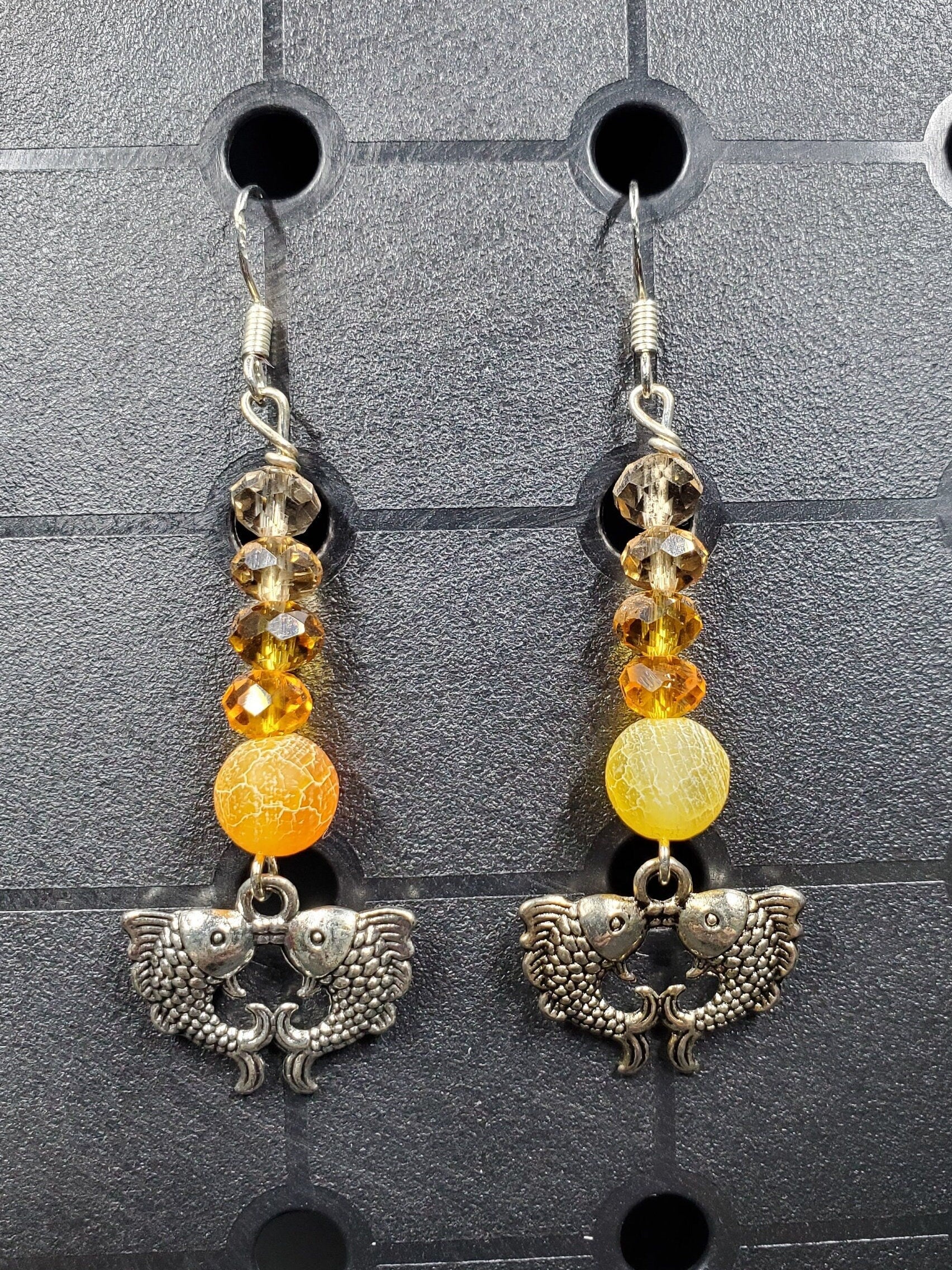 Orange Double Fish - Charms - Metal Crystal Round (.925 SS hooks) - Earrings