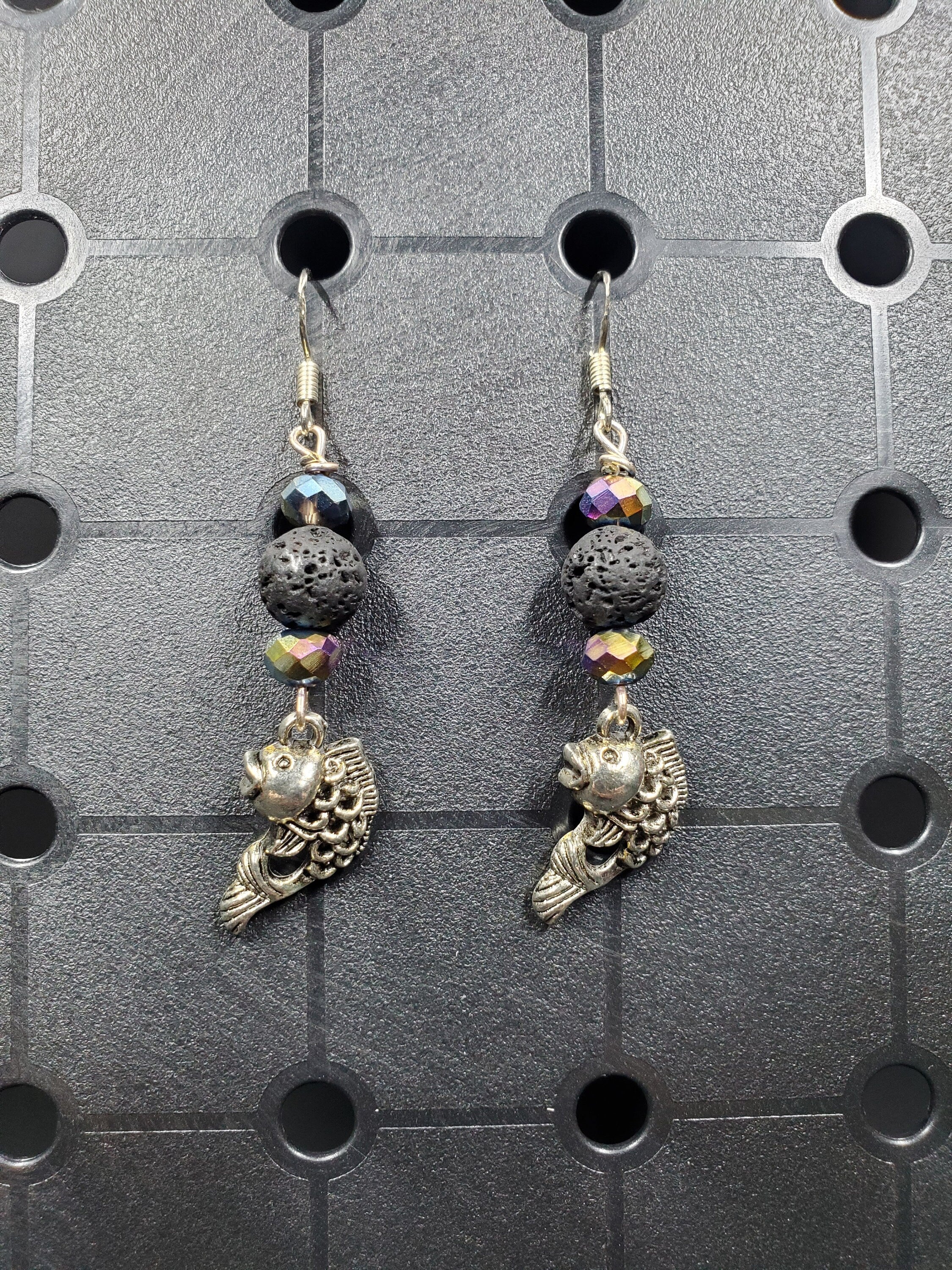 Black Lava Fish - Earrings - Charms - Metal Crystal Round Short ( .925 SS hooks)