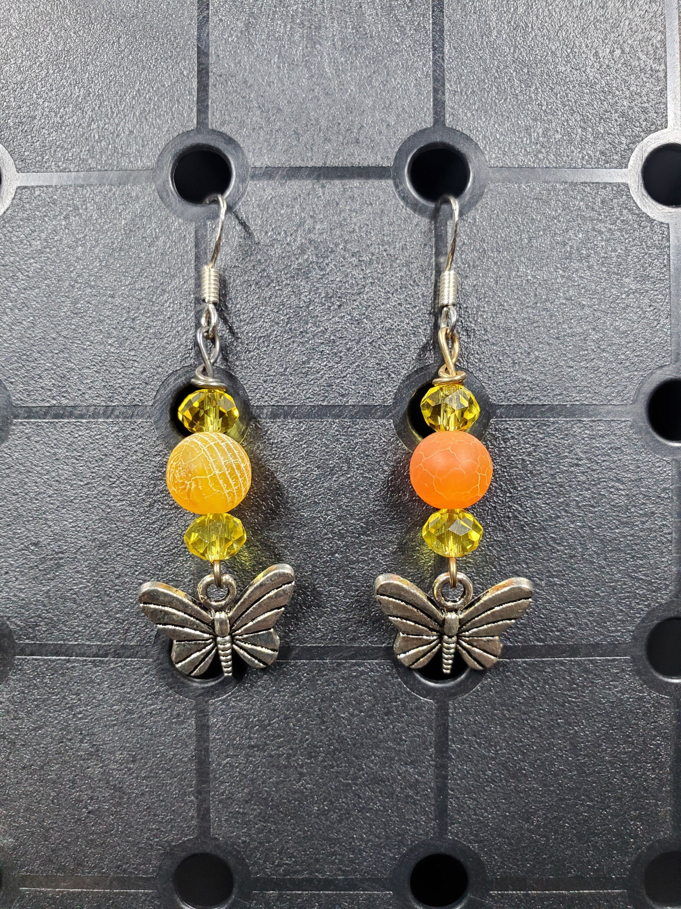 Orange Butterfly - Earrings - Charms - Metal Crystal Round Short ( .925 SS hooks)