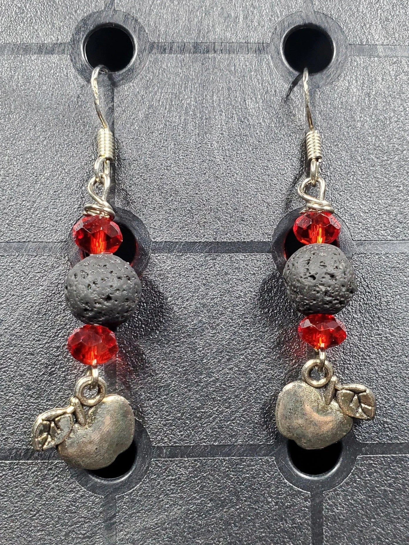 Black Lava Apple - Earrings - Charms - Metal Crystal Round Short ( .925 SS hooks)