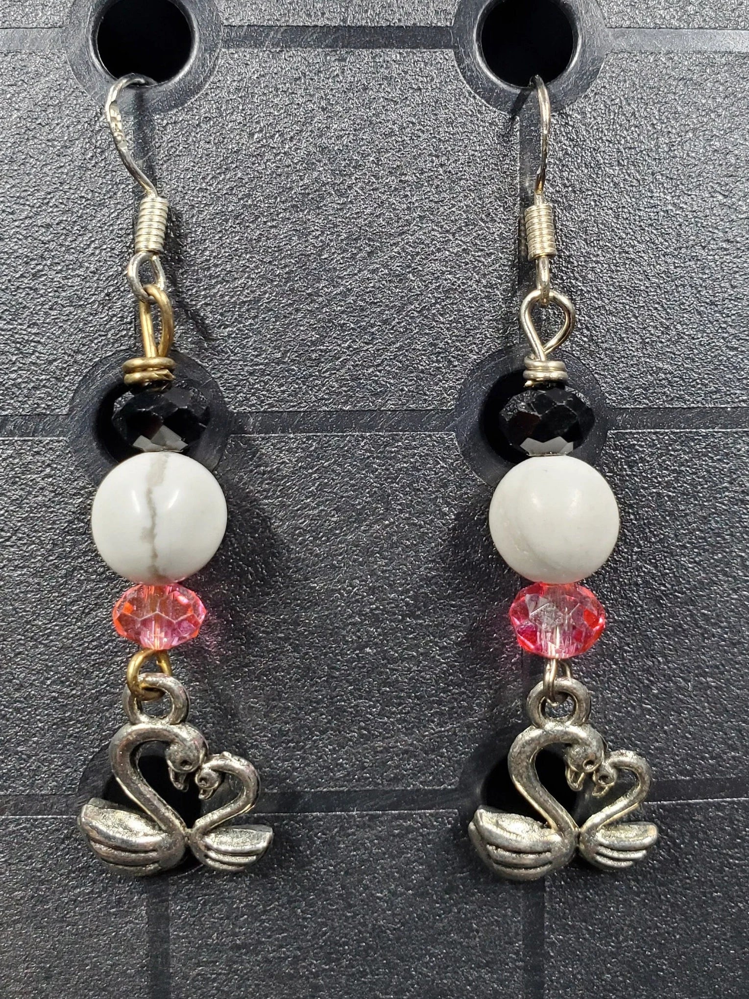 Marble Swan - Earrings - Charms - Metal Crystal Round Short ( .925 SS hooks)