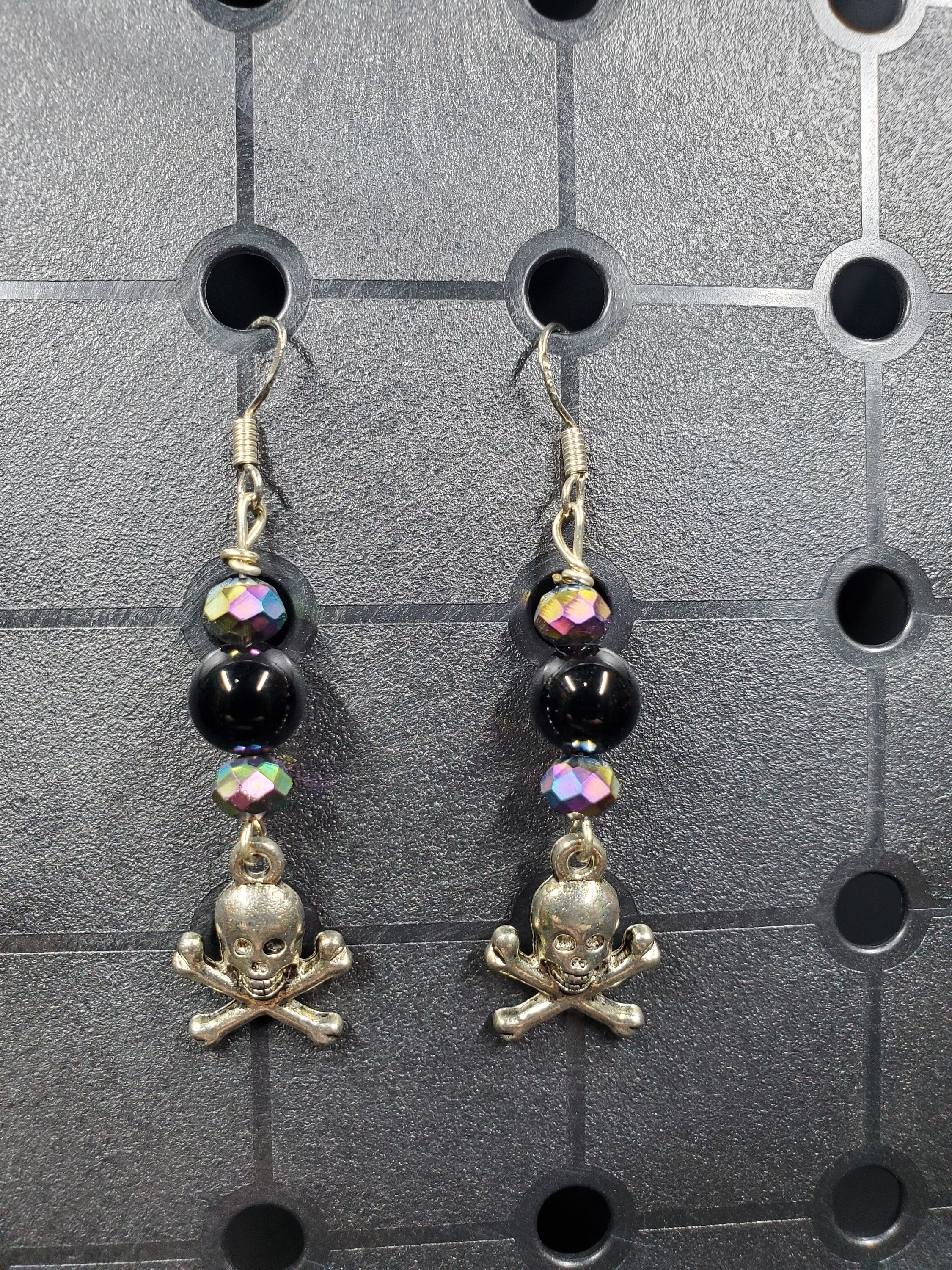 Onyx Skull - Earrings - Charms - Metal Crystal Round Short ( .925 SS hooks)