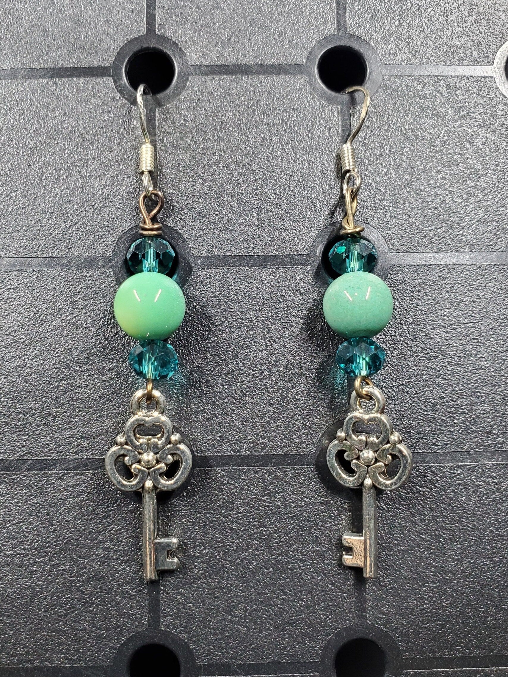 Chrysoprase Key - Earrings - Charms - Metal Crystal Round Short ( .925 SS hooks)