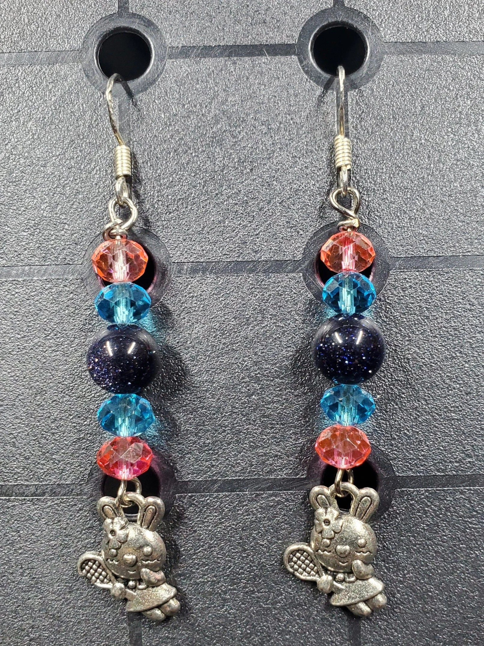 Black Sparkle Bunny - Earrings - Charms - Metal Crystal Round Long ( .925 SS hooks)