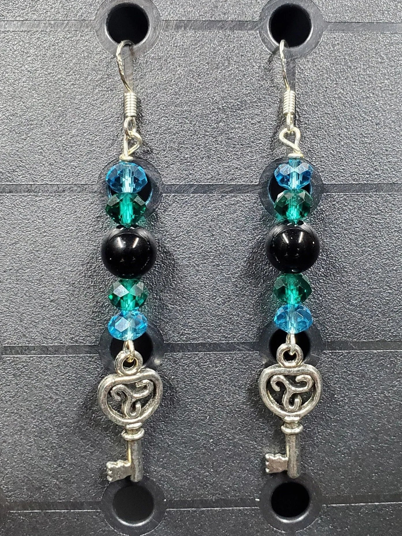 Onyx Key - Earrings - Charms - Metal Crystal Round Long ( .925 SS hooks)