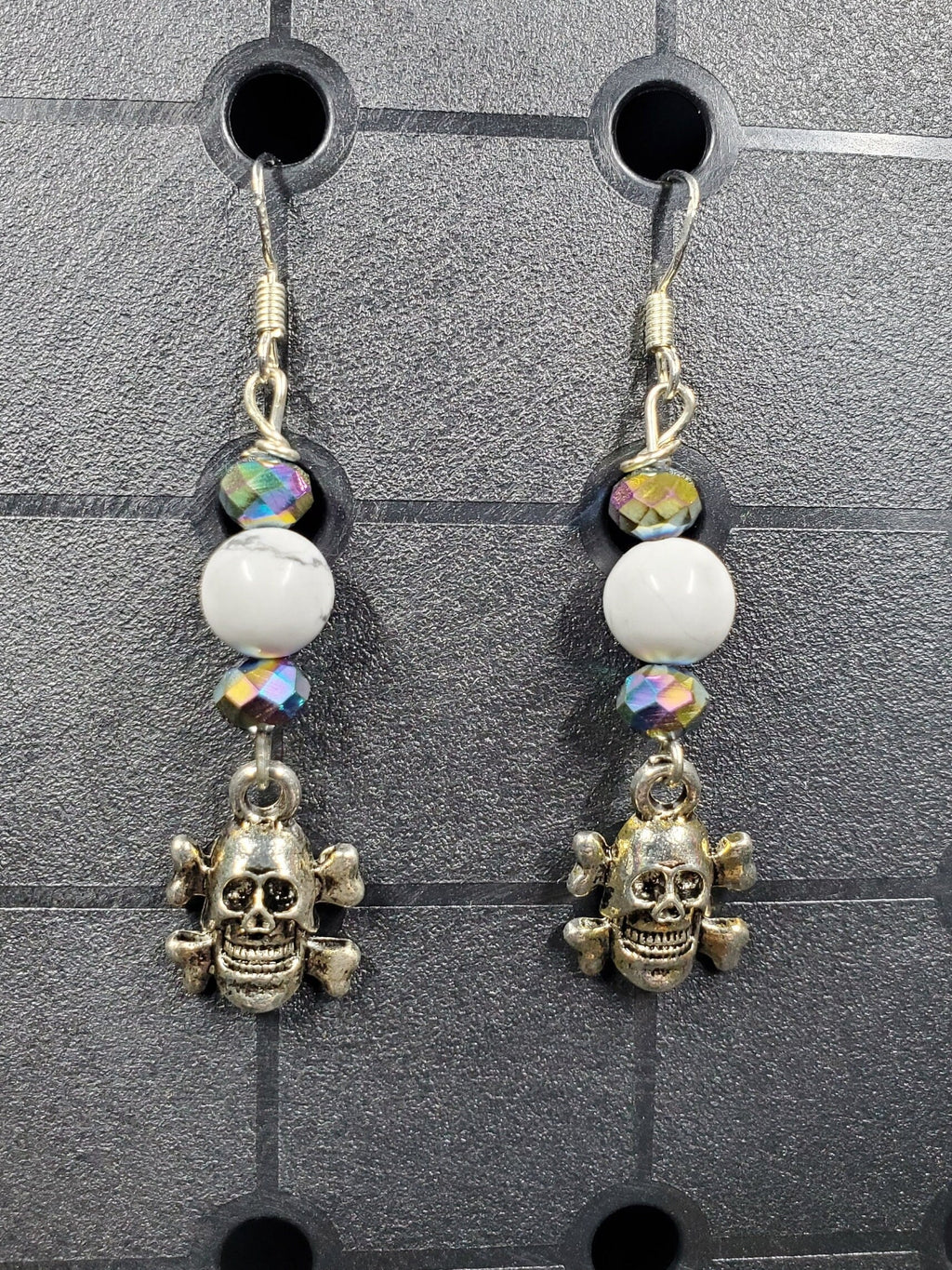 White Marble Skull -Earrings - Charms - Metal Crystal Round Short ( .925 SS hooks)