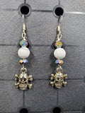 White Marble Skull -Earrings - Charms - Metal Crystal Round Short ( .925 SS hooks)