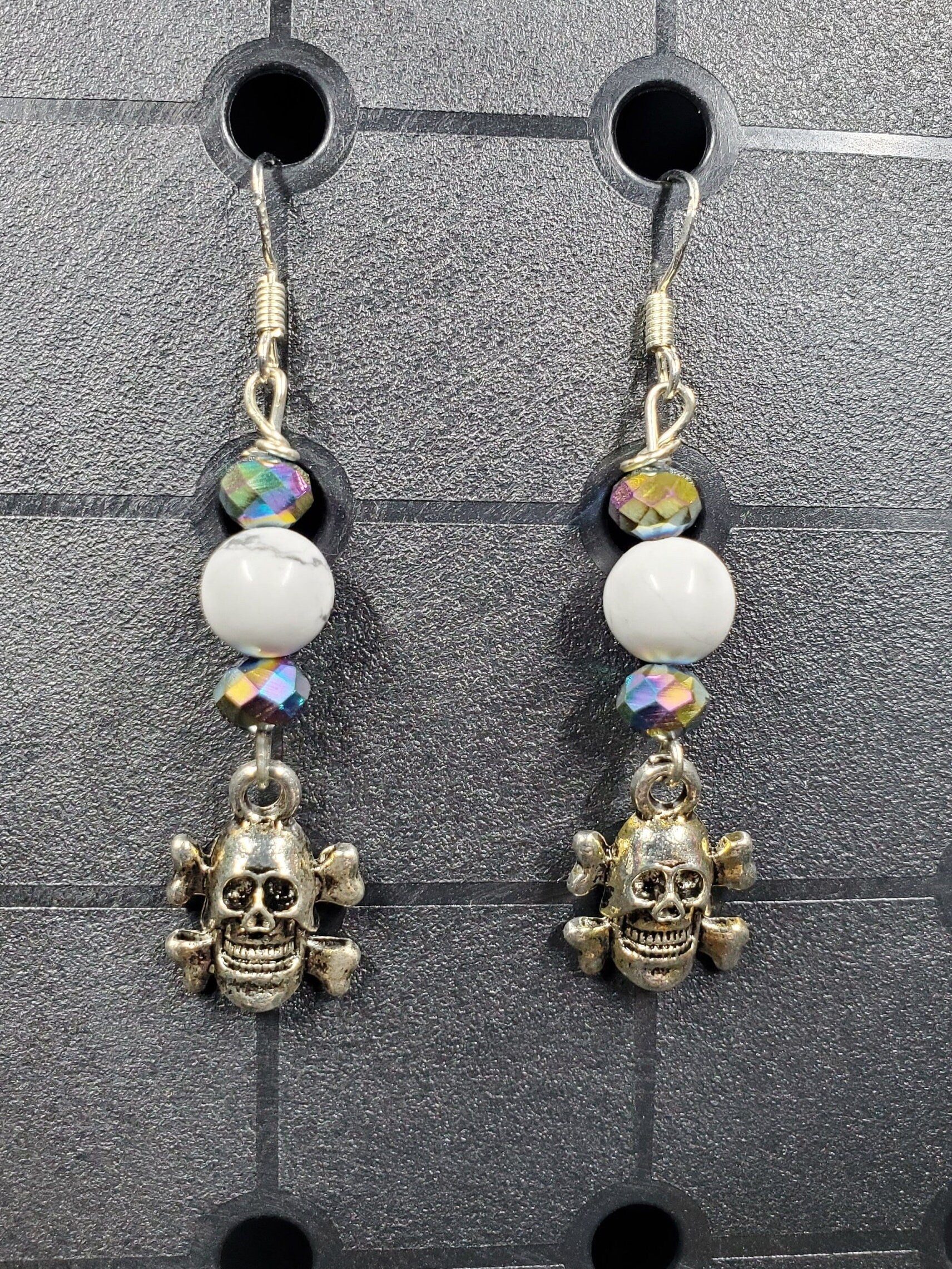 White Marble Skull -Earrings - Charms - Metal Crystal Round Short ( .925 SS hooks)