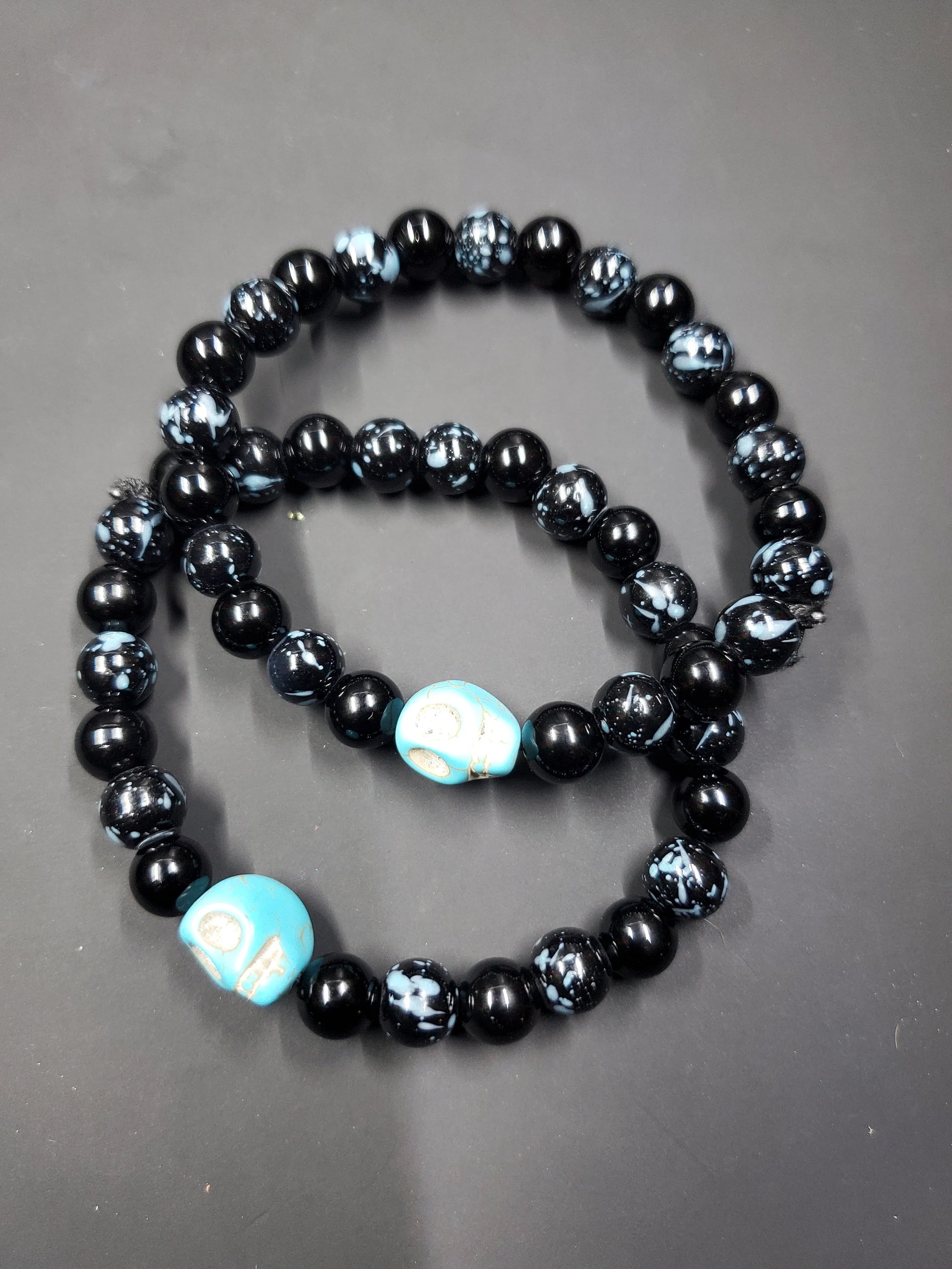 Turquoise Skull - Onyx & Blue Splatter - Stone - Beaded Bracelet