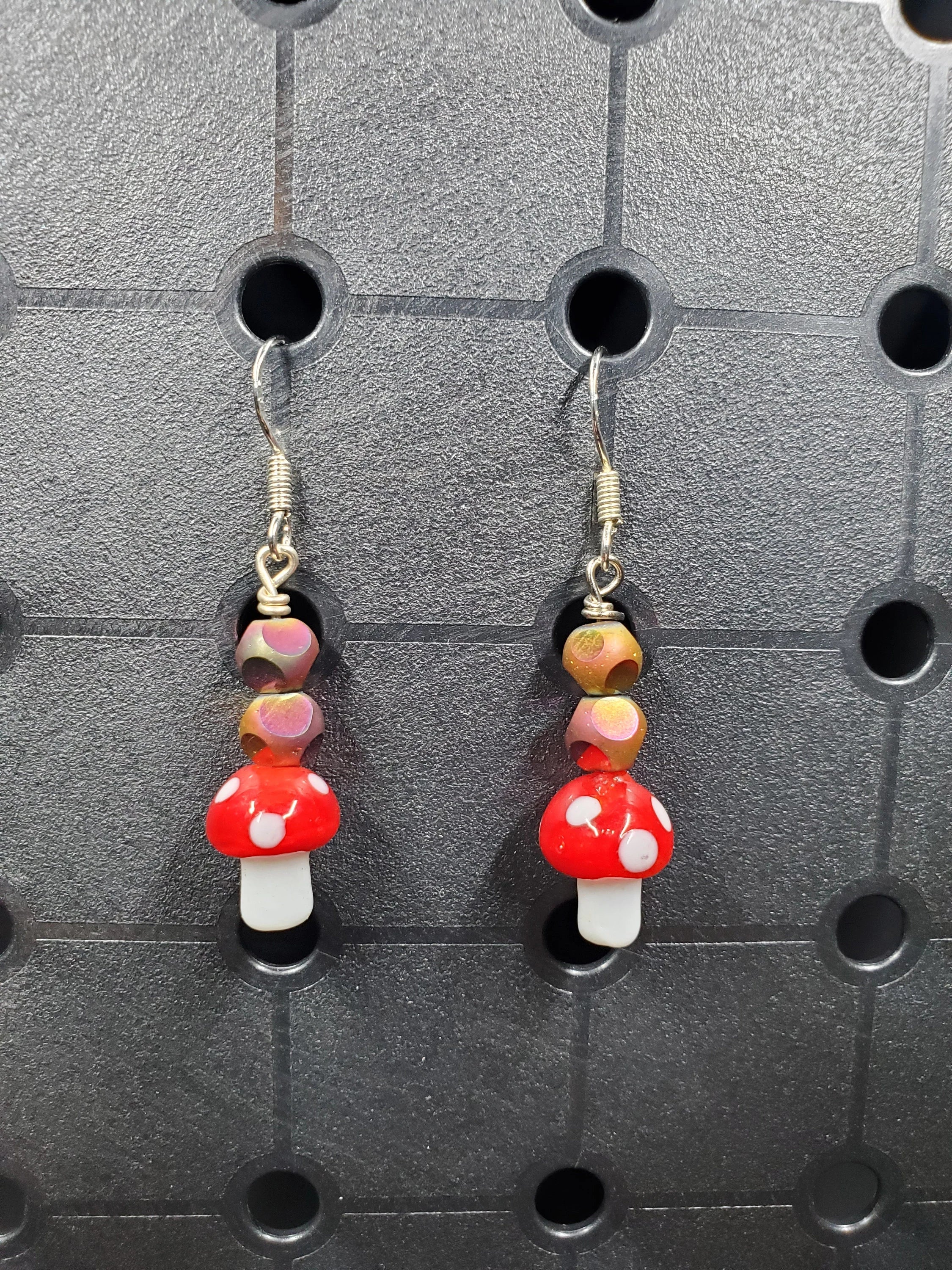 Red Shroom - Glass - Earrings - (.925 Sterling Silver Hooks)
