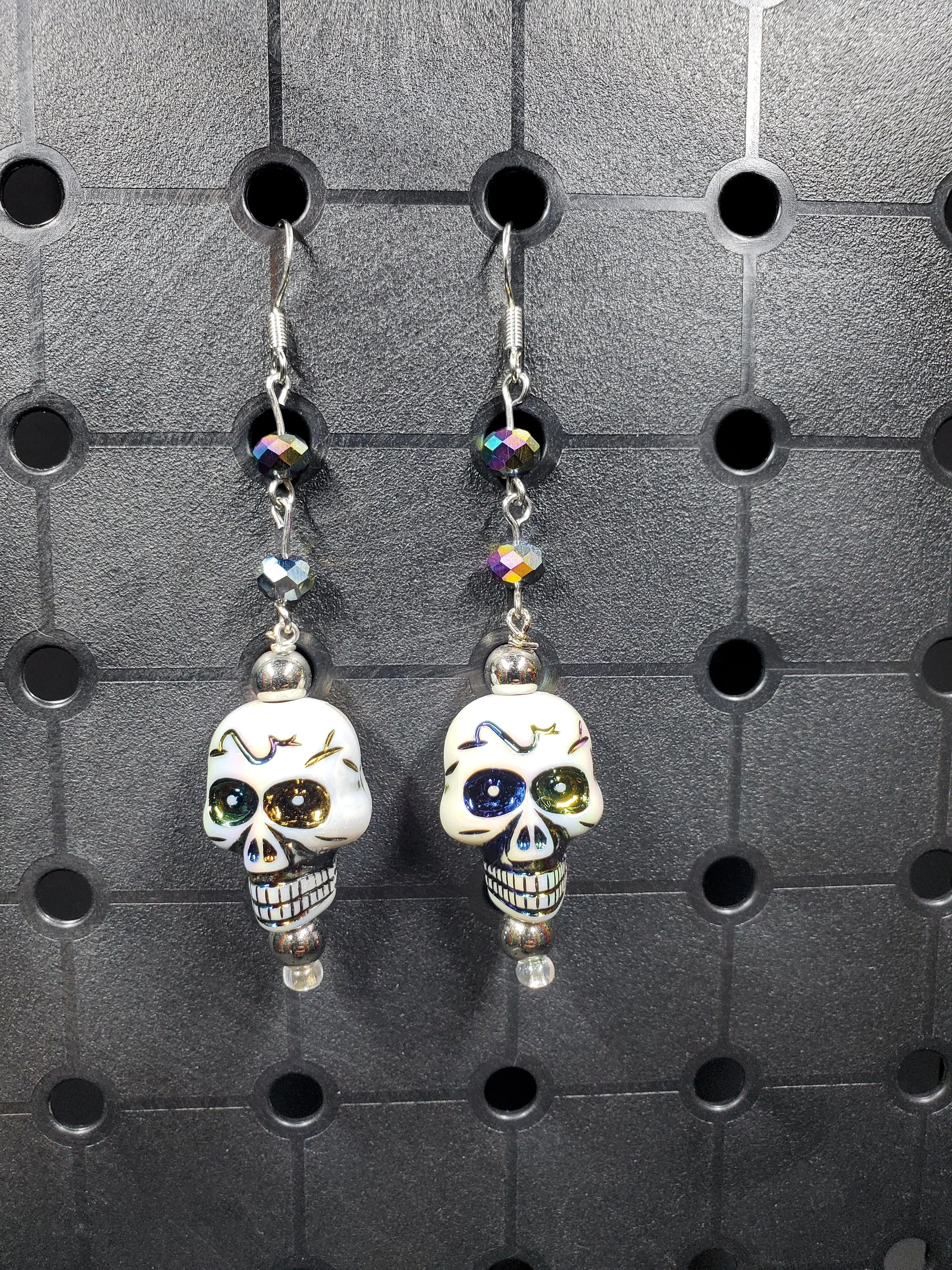 Oil Slick Pearl Skull - Earrings - (.925 Sterling Silver Hooks)