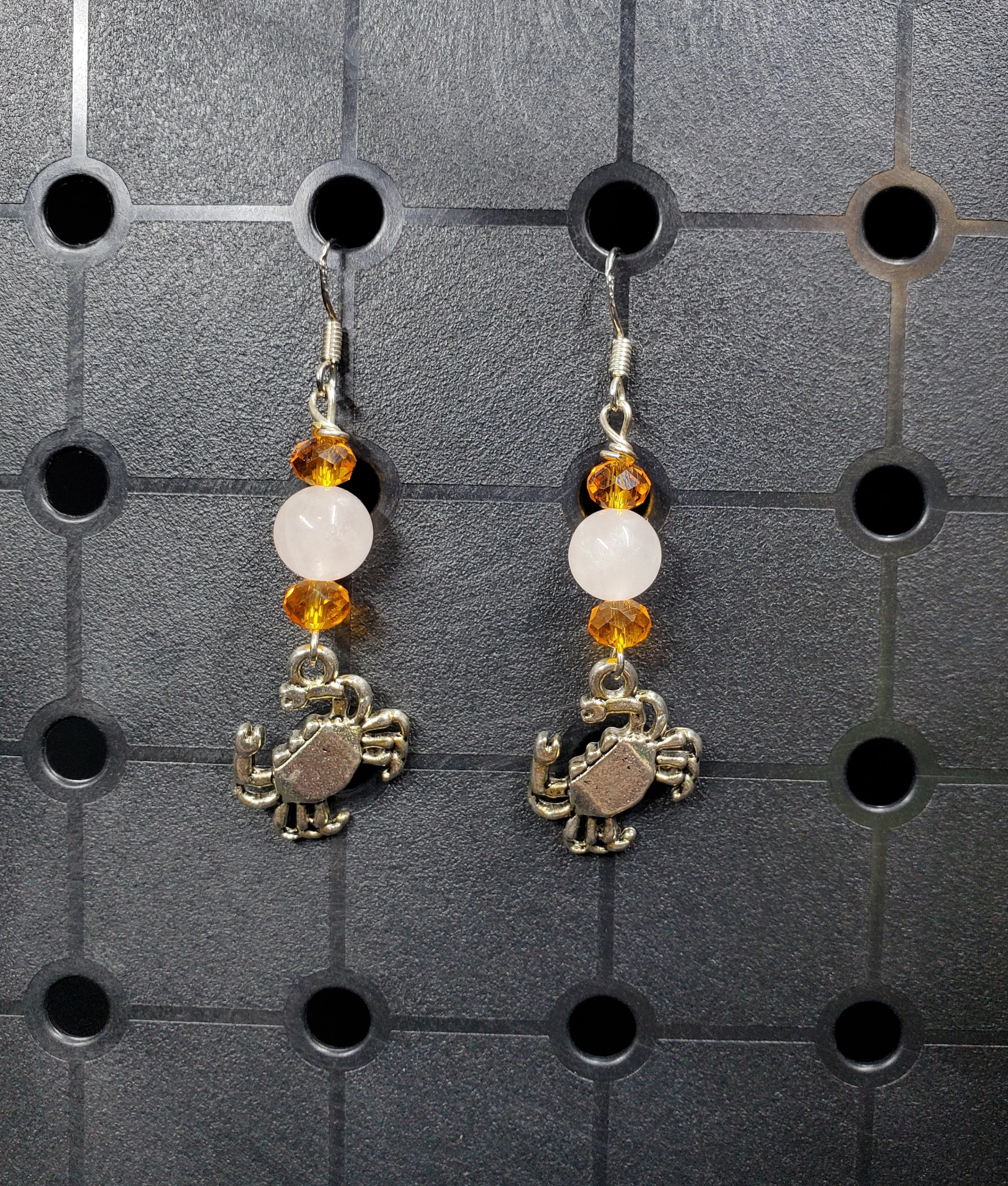 Rose Quartz Crab - Earrings - Charms - Metal Crystal Round Short (.925 SS hooks)