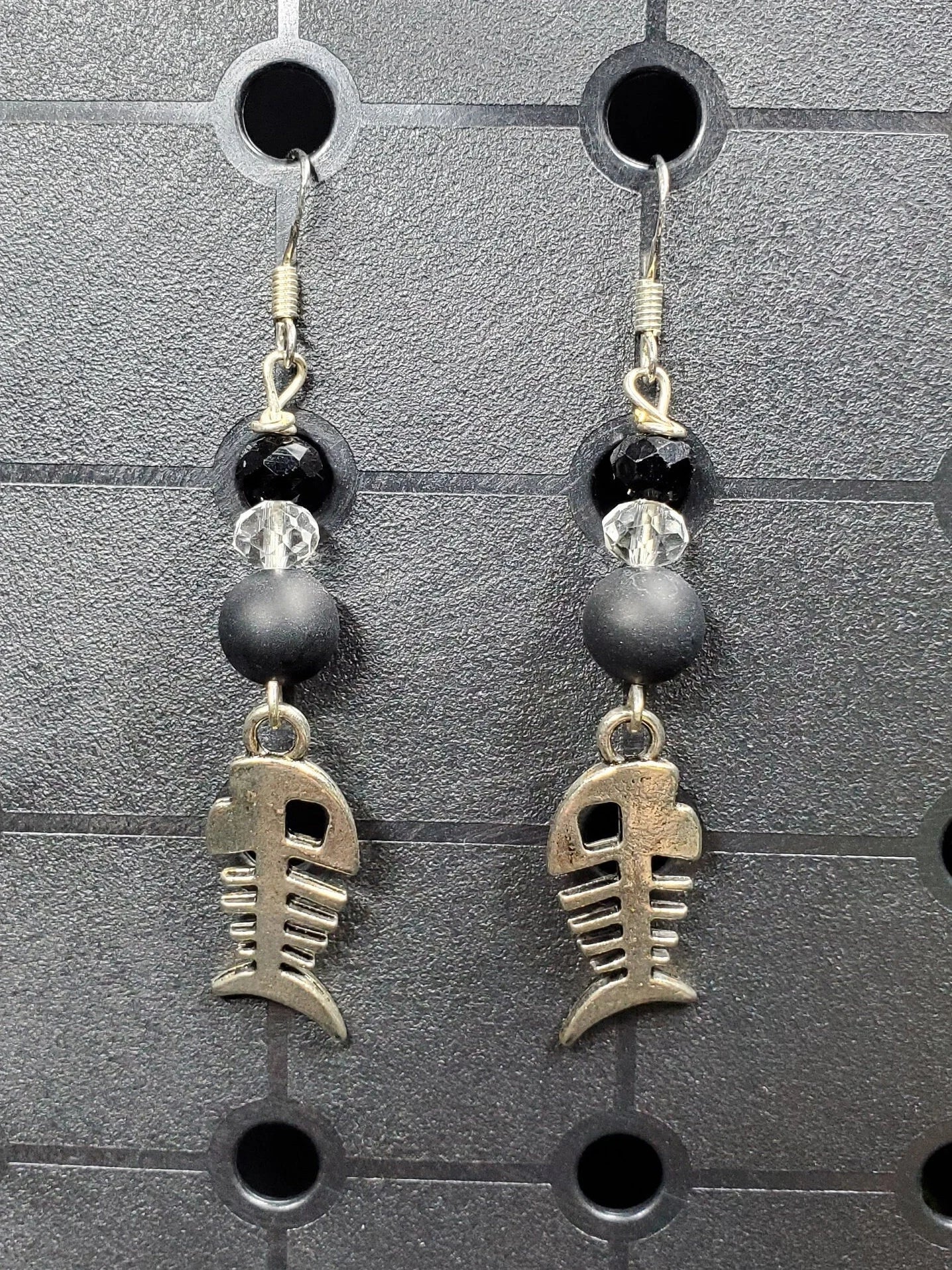 Matte Onyx Fish Bone - Charms - Metal Crystal Round ( .925 SS hooks) - Earrings