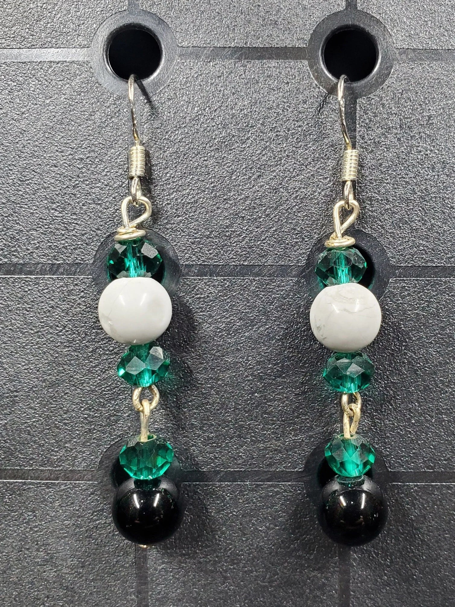 Marble White with Onyx - Double Dangle - Crystal Round ( .925 SS hooks) - Earrings