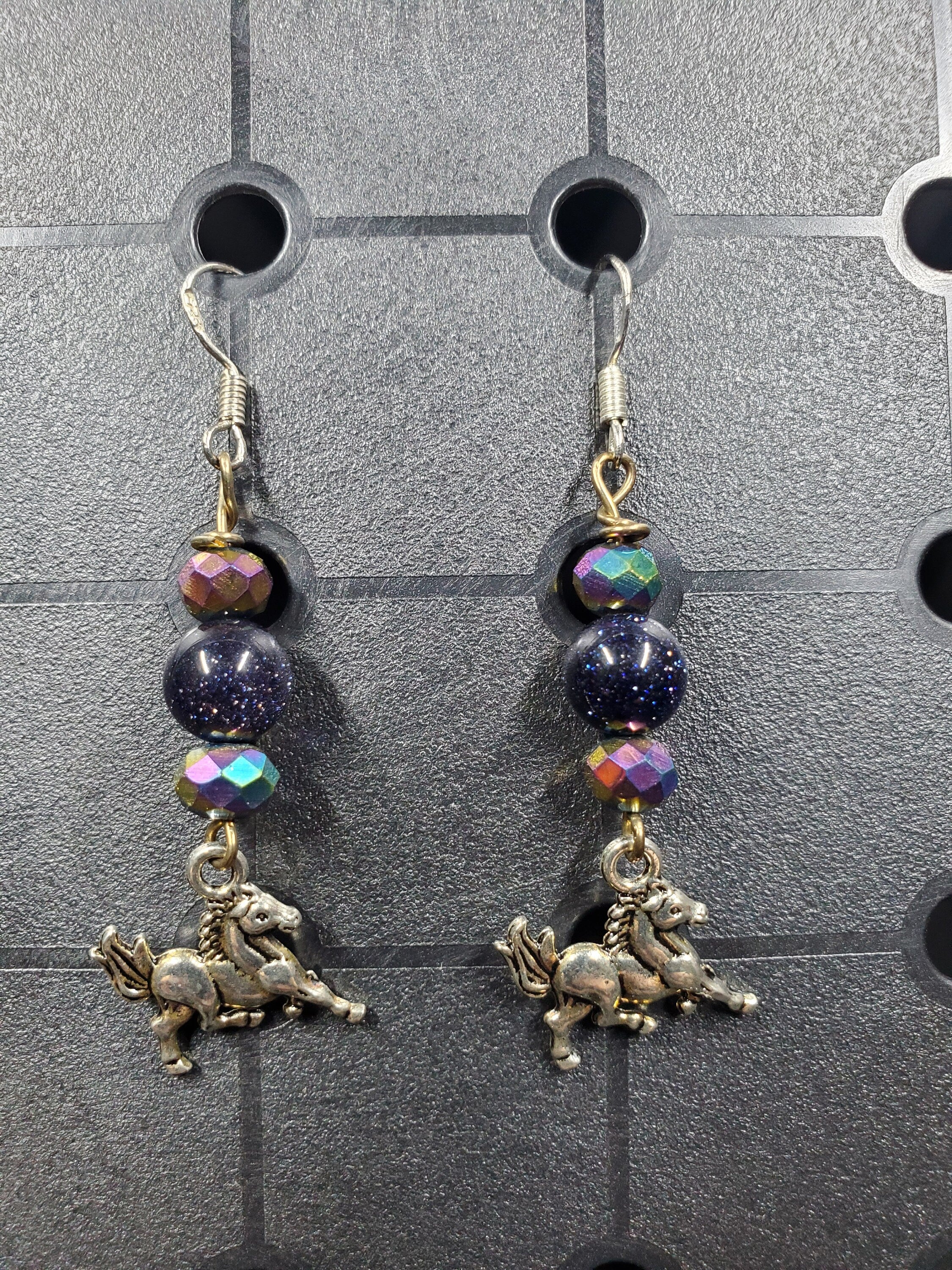 Black Sparkle Horse - Earrings - Charms - Metal Crystal Round Short ( .925 SS hooks)
