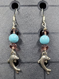 Pale Blue Dolphin - Earrings - Charms - Metal Crystal Round Short ( .925 SS hooks)