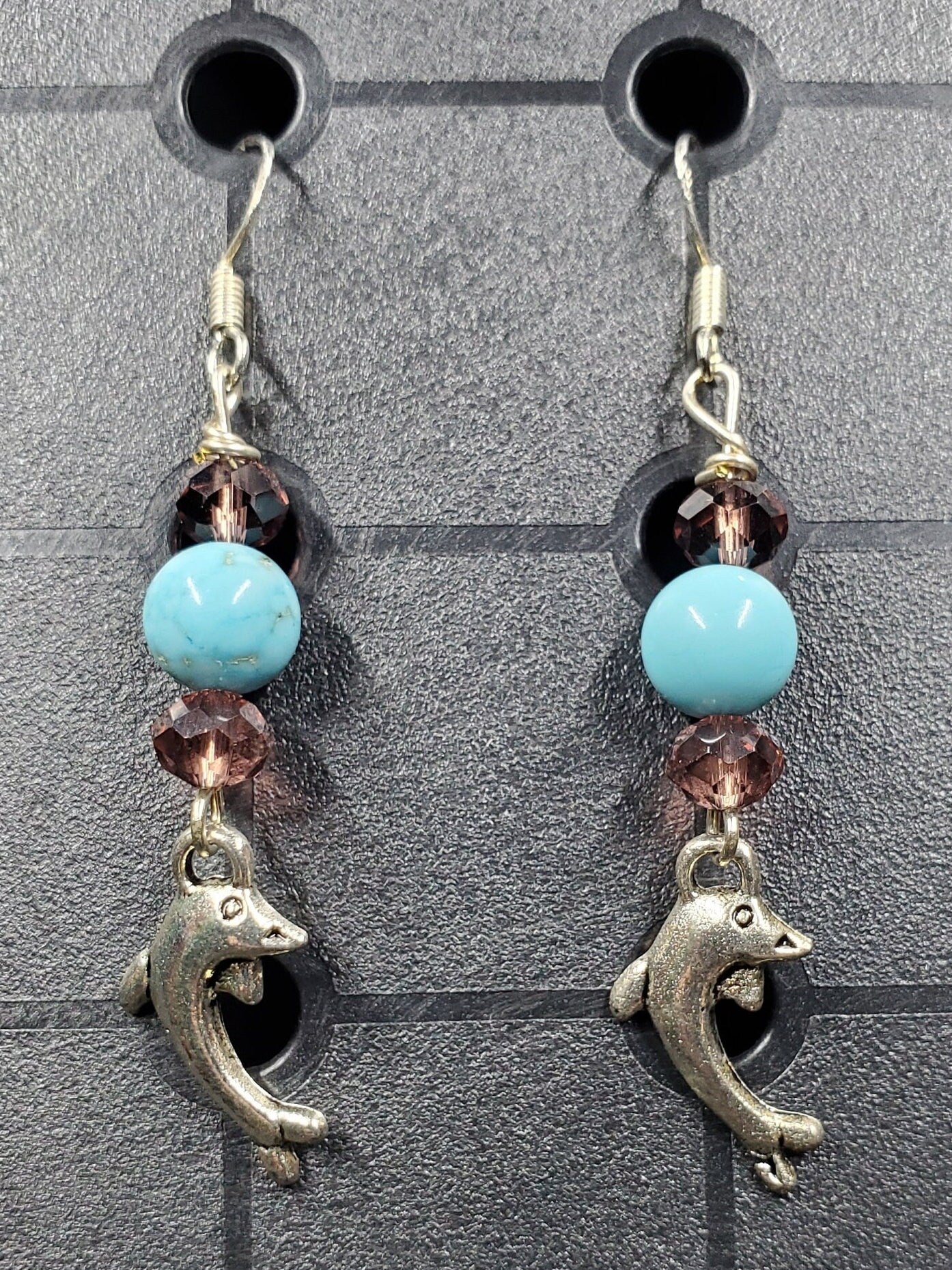 Pale Blue Dolphin - Earrings - Charms - Metal Crystal Round Short ( .925 SS hooks)
