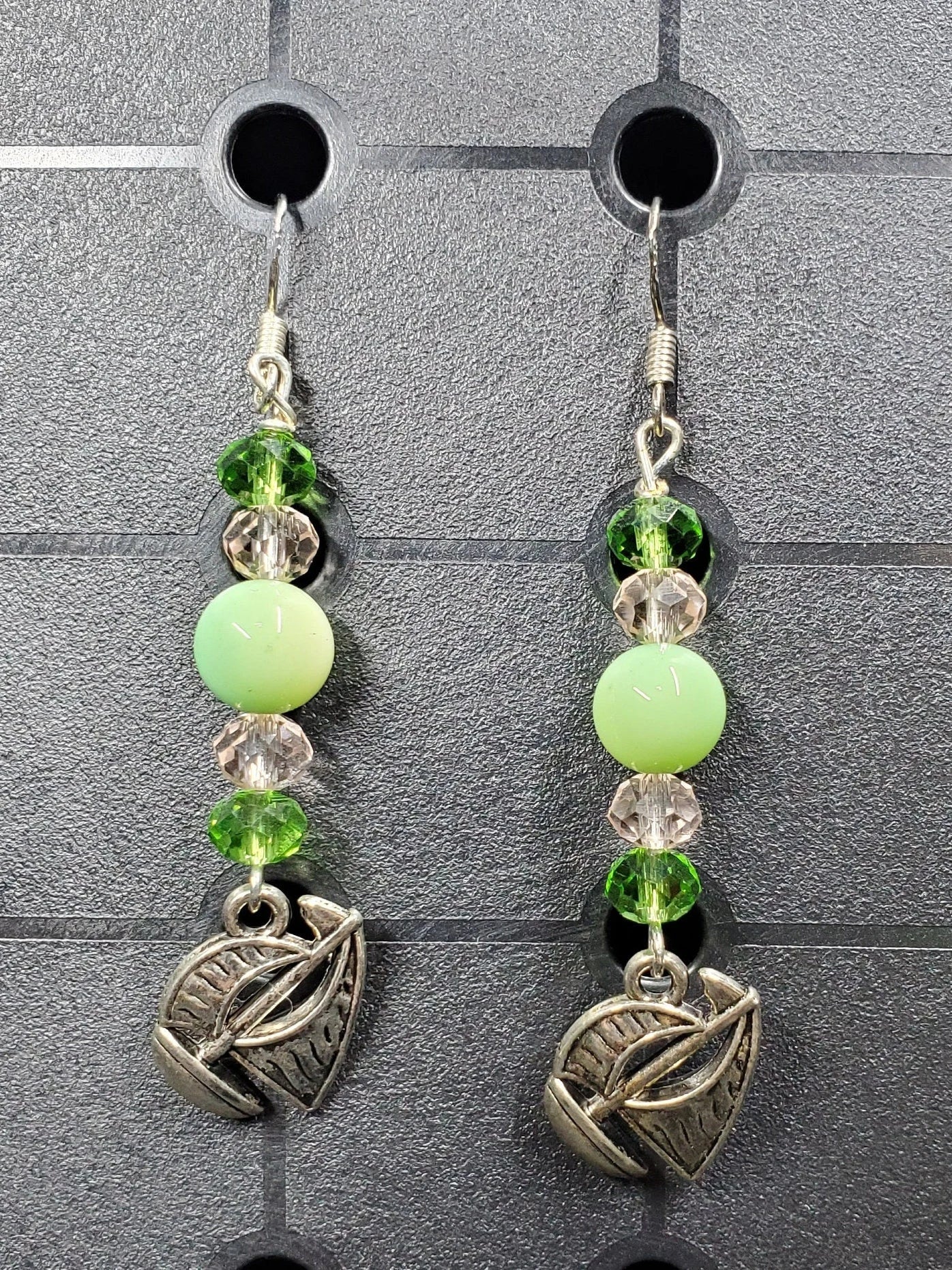 Chrysoprase Agate Sail Boat - Earrings - Charms - Metal Crystal Round ( .925 SS hooks)