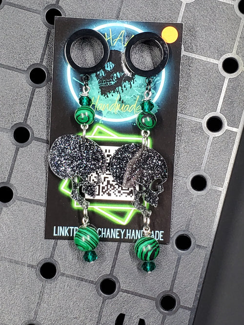 Black Sparkle Skulls & Malachite - Black - Stainless Steel Tunnels
