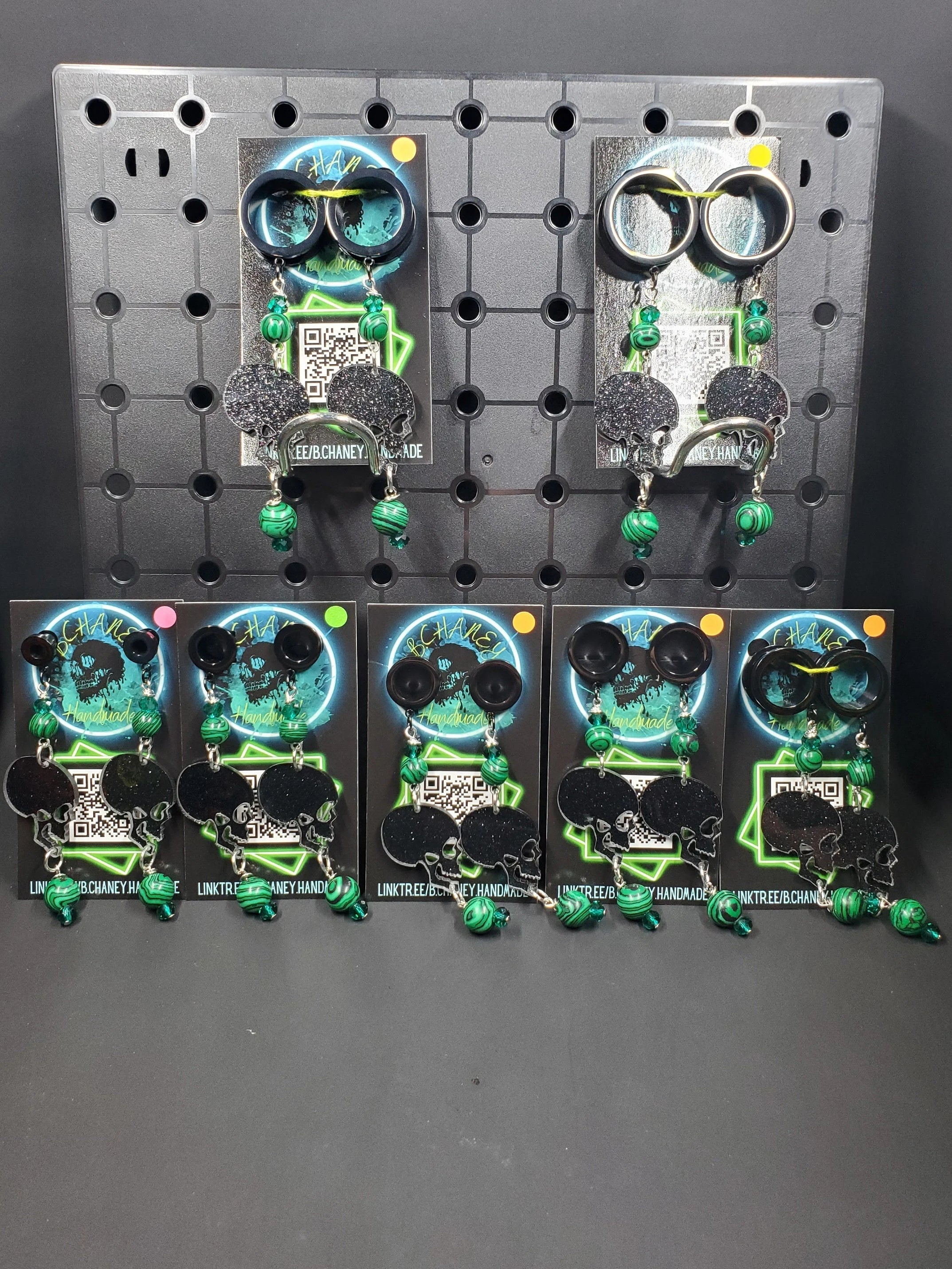 Black Sparkle Skulls & Malachite - Black - Stainless Steel Tunnels
