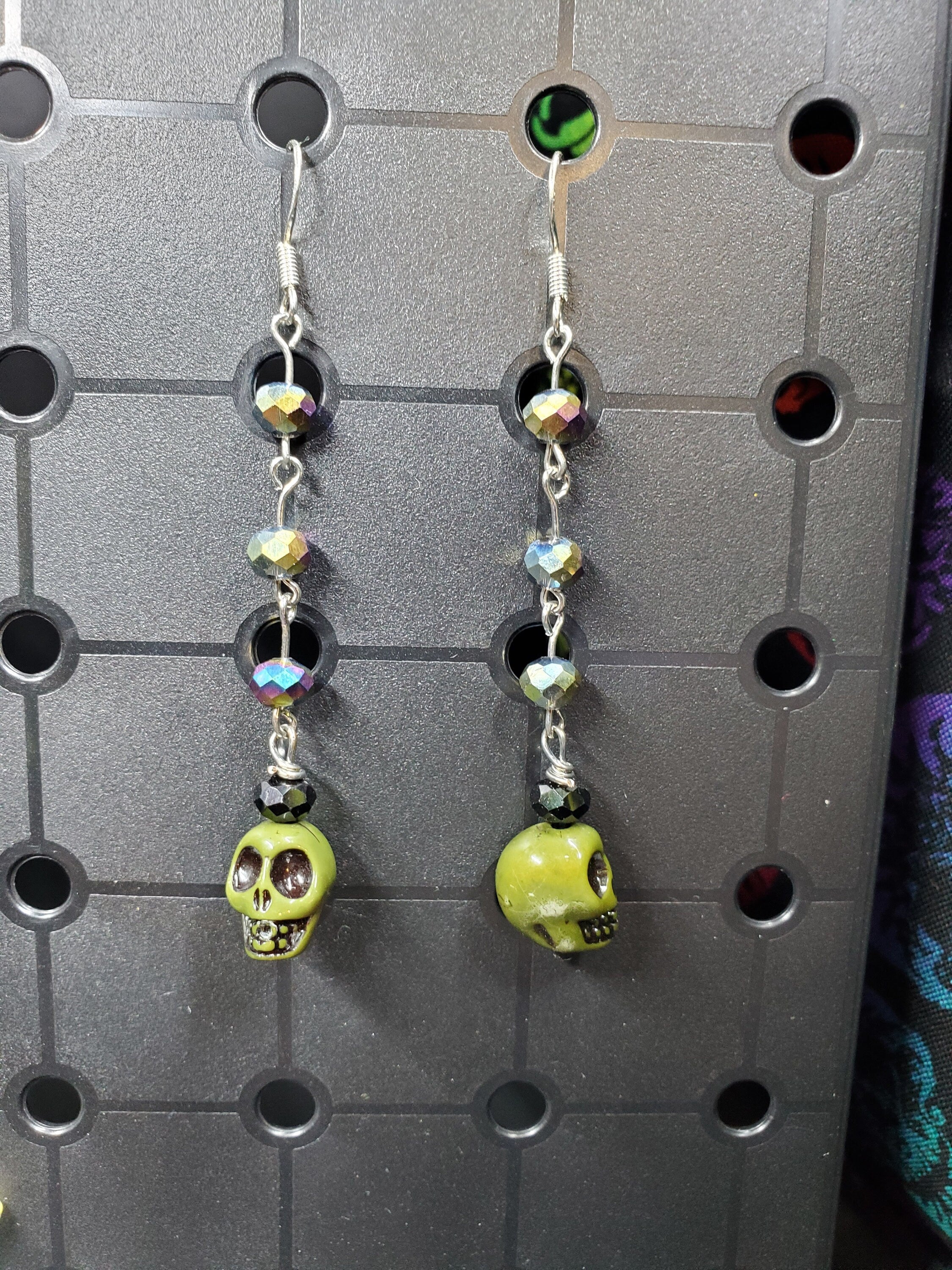 Olive Green Skull Oil Slick - Earrings - (.925 Sterling Silver Hooks)